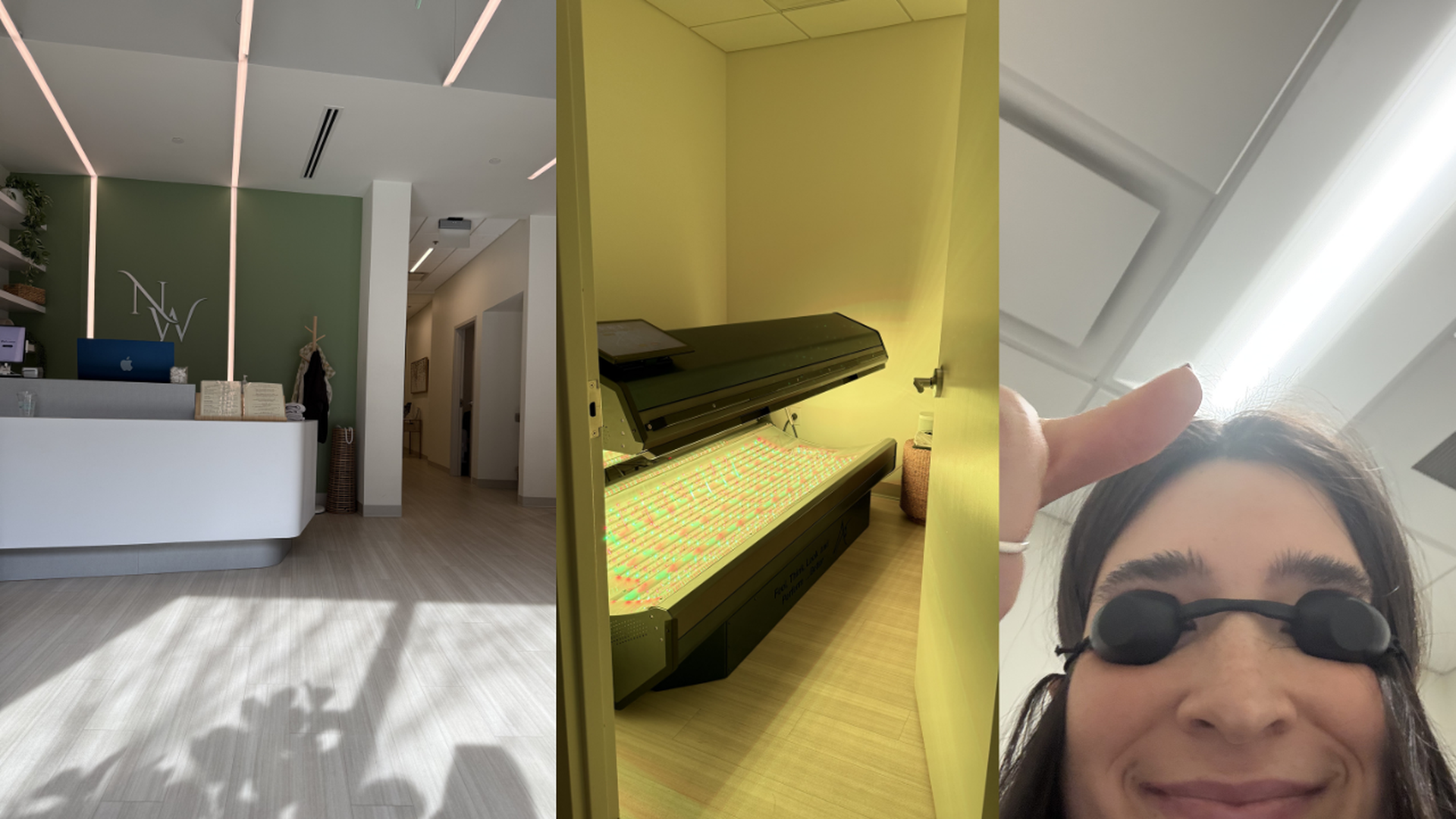 Triptych: left - modern reception with white desk and green wall logo; center - open tanning bed with glowing bulbs in a yellow-lit room; right - close-up selfie of a person wearing black goggles.