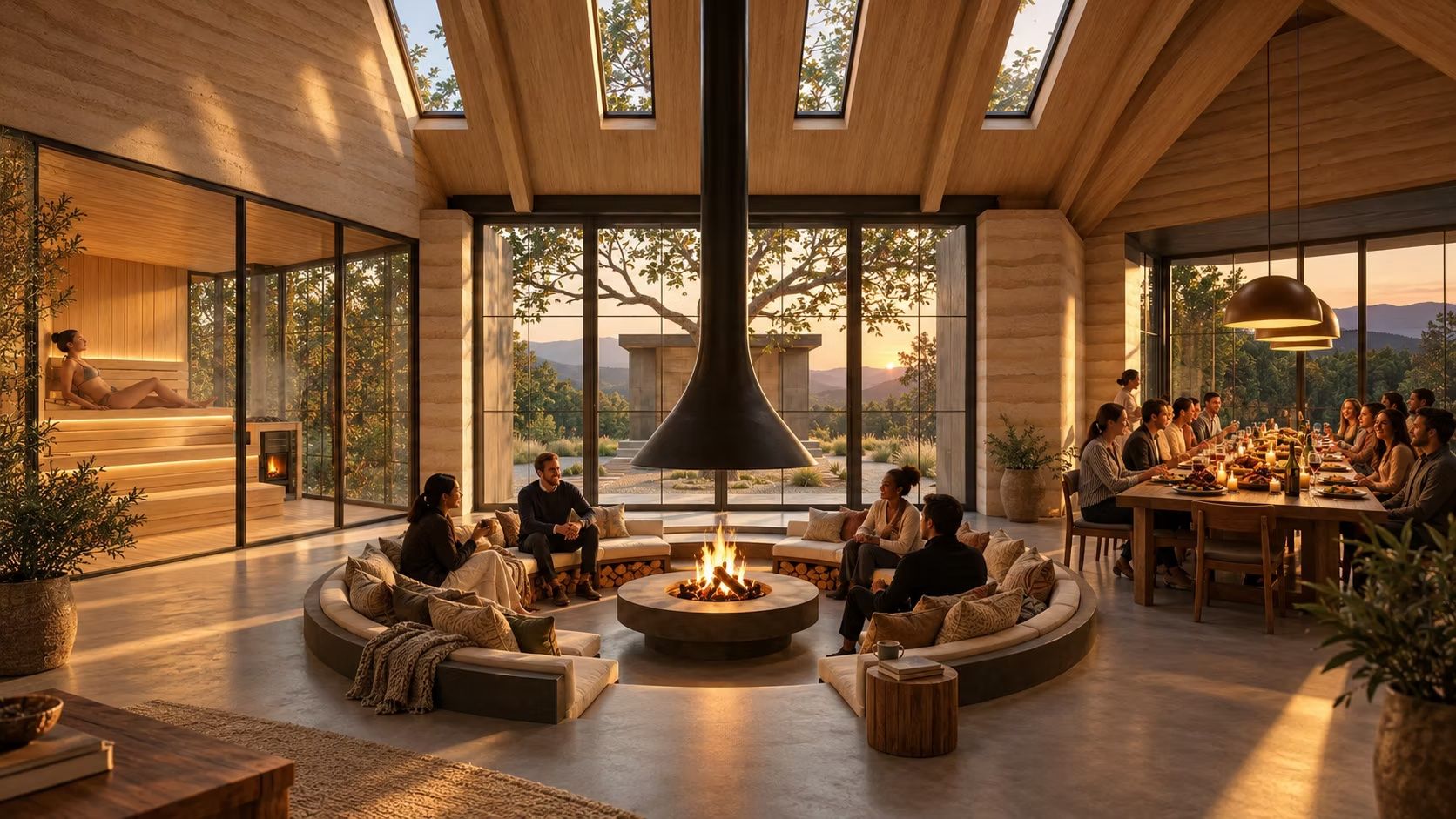 Open living space with a circular seating area around a central fire pit and a tall hanging chimney. Left: sauna; right: long dinner table with guests and a sunset over mountains.