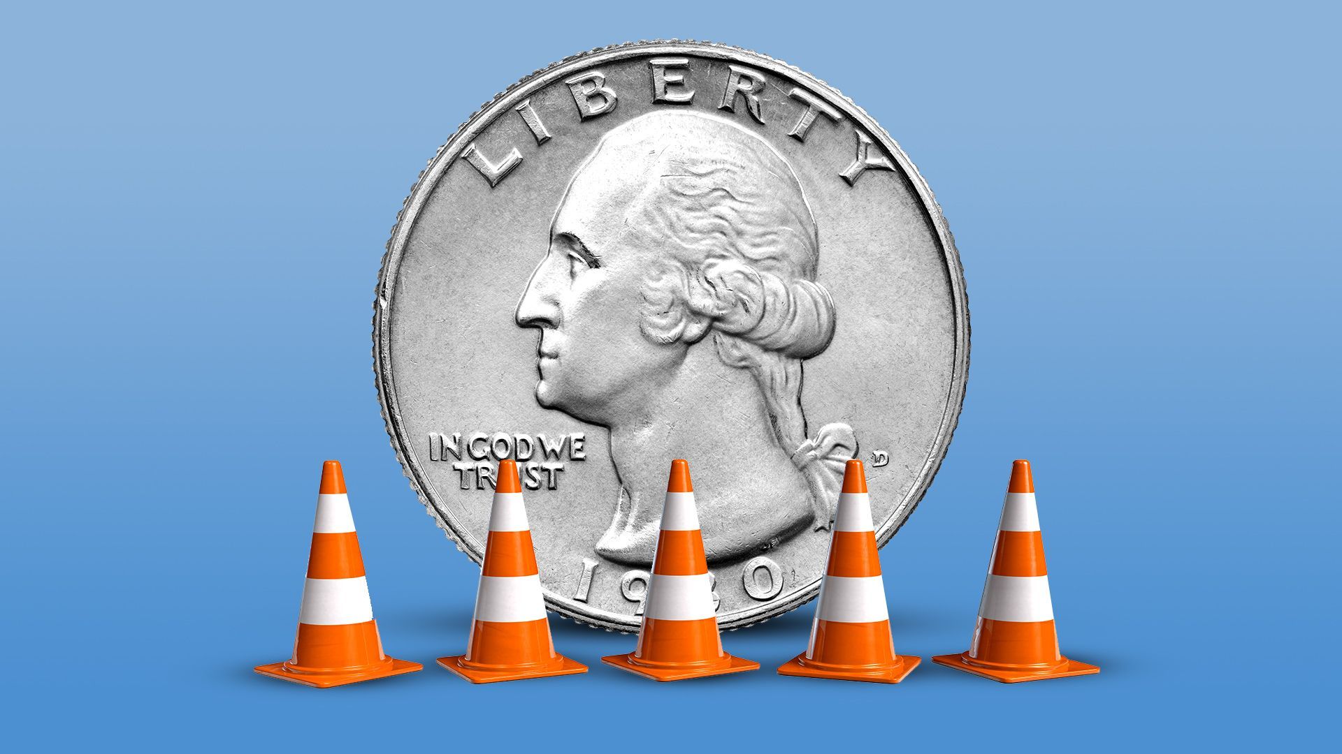 Illustration of a row of traffic cones in front of a giant quarter.