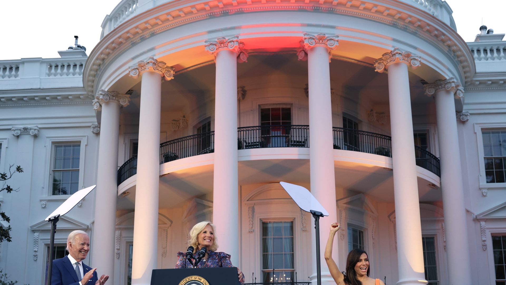 President Biden, First Lady Jill Biden and Director Eva Longoria stand in front of the White House during a screening for "Flamin' Hot"