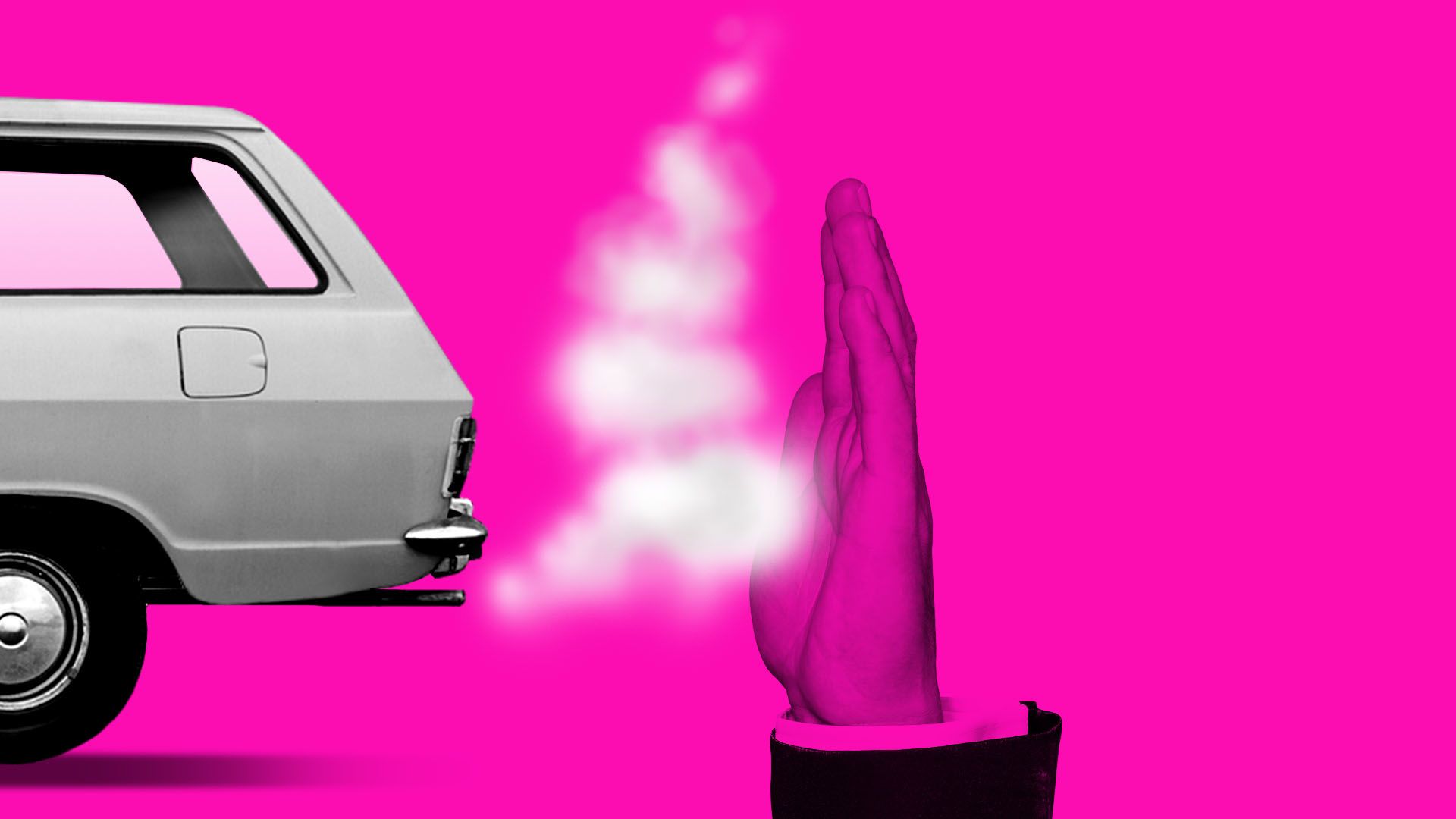 In this illustration, a hand motions to stop the exhaust coming from a car. There is a pink background.