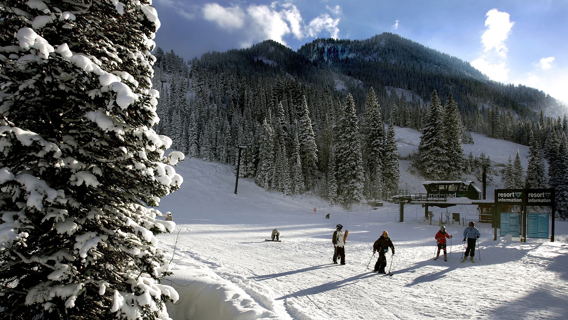 Skiers going down a big mountain slope.