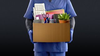 Illustration of a medical worker carrying a cardboard box filled with office supplies.