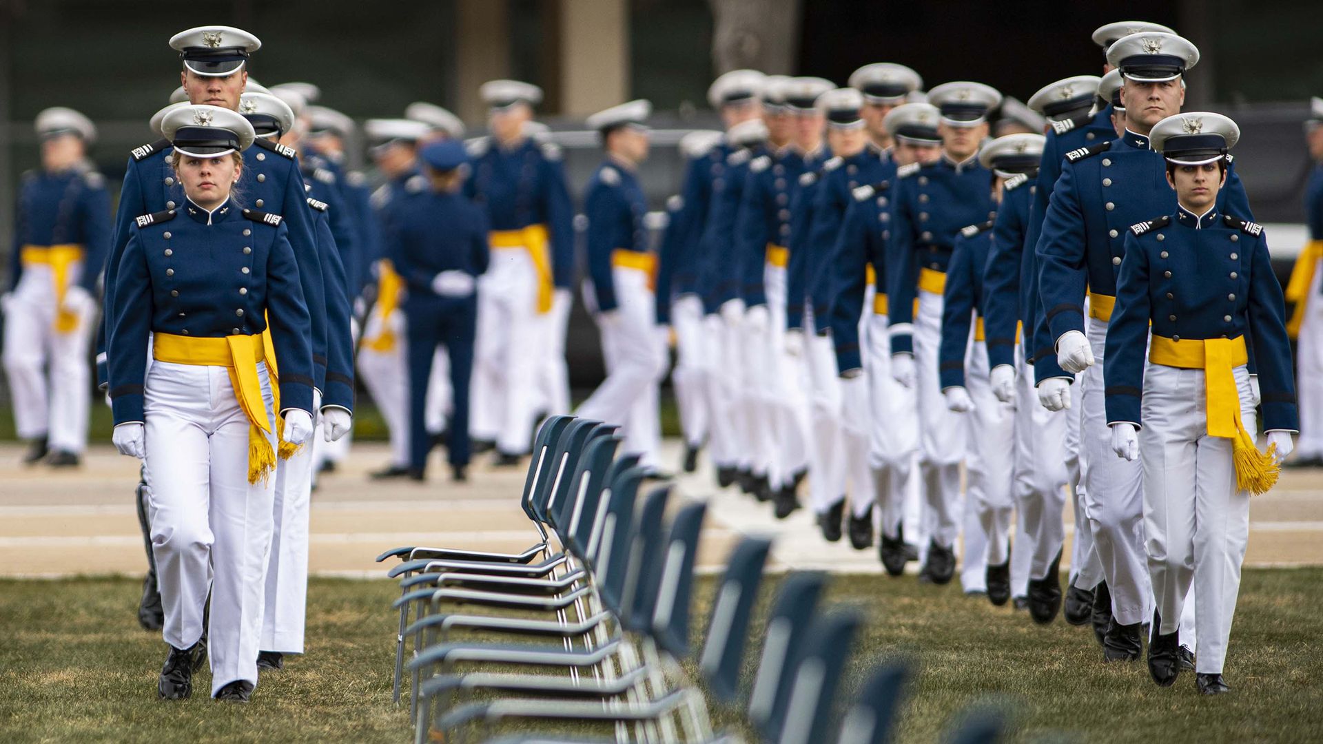 Air Force Academy cadets during a graduation ceremony in April 2020.