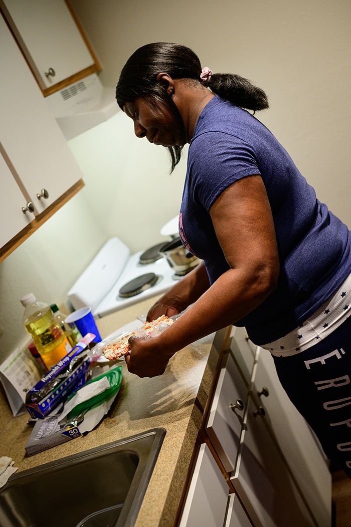 Mona Hill, homeless bus driver, Extended Stay Motel University City, February 2020, photo by Alvin Jacobs