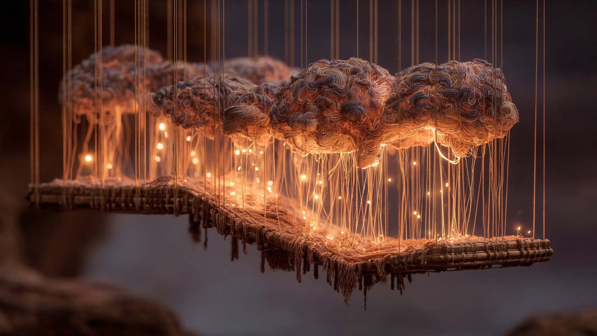 Suspended installation of warm orange yarn clouds over a woven platform; thin strings hang down with tiny glowing bulbs, casting a soft light against a dark, blurred background.