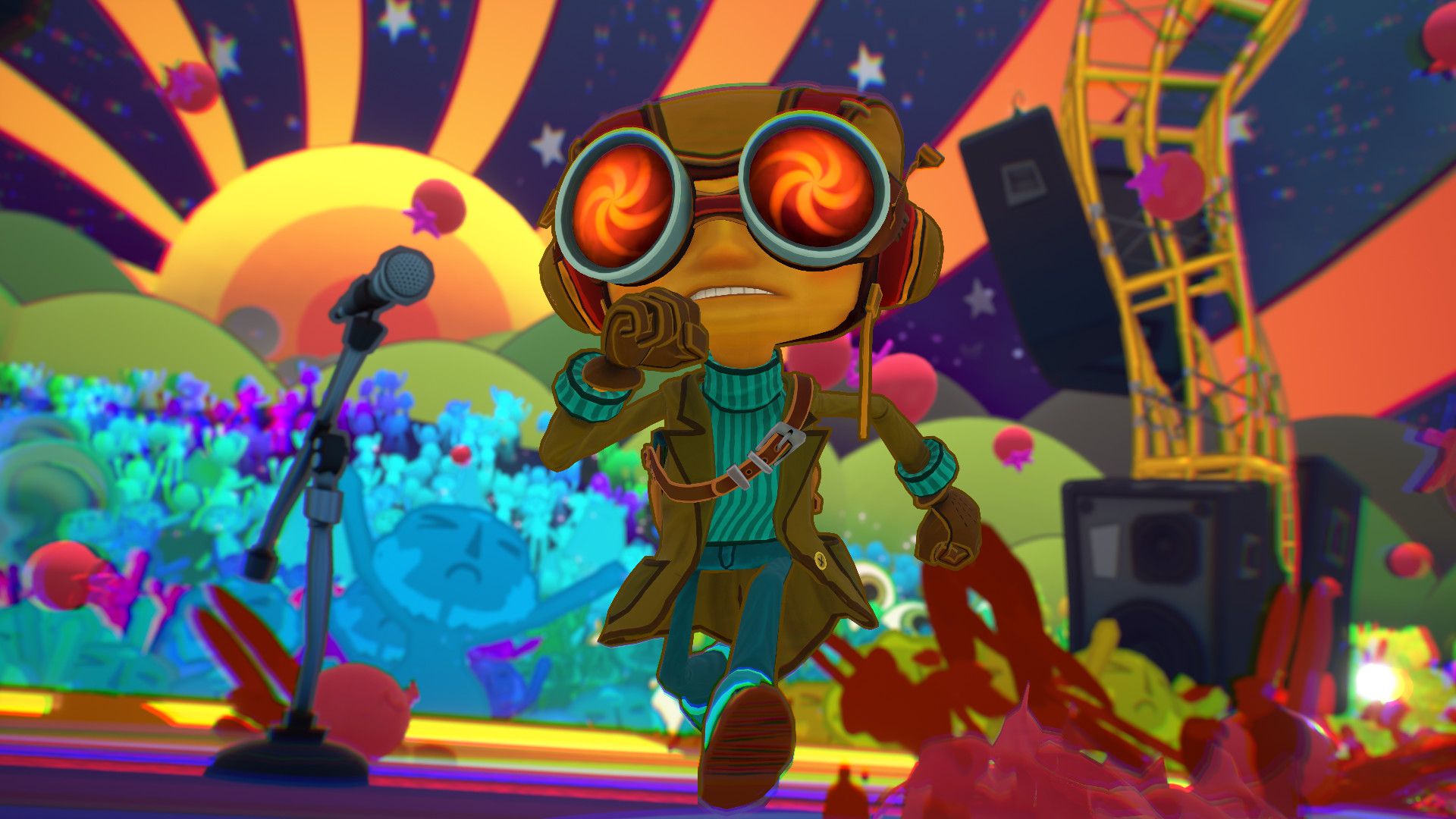 Screenshot of a boy with goggles running away from a concert