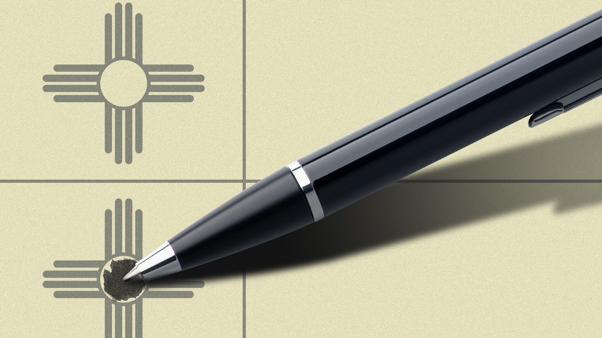 Illustration of the sacred sun symbol of the Zia tribe from the New Mexico state flag on a ballot being filled in by a pen