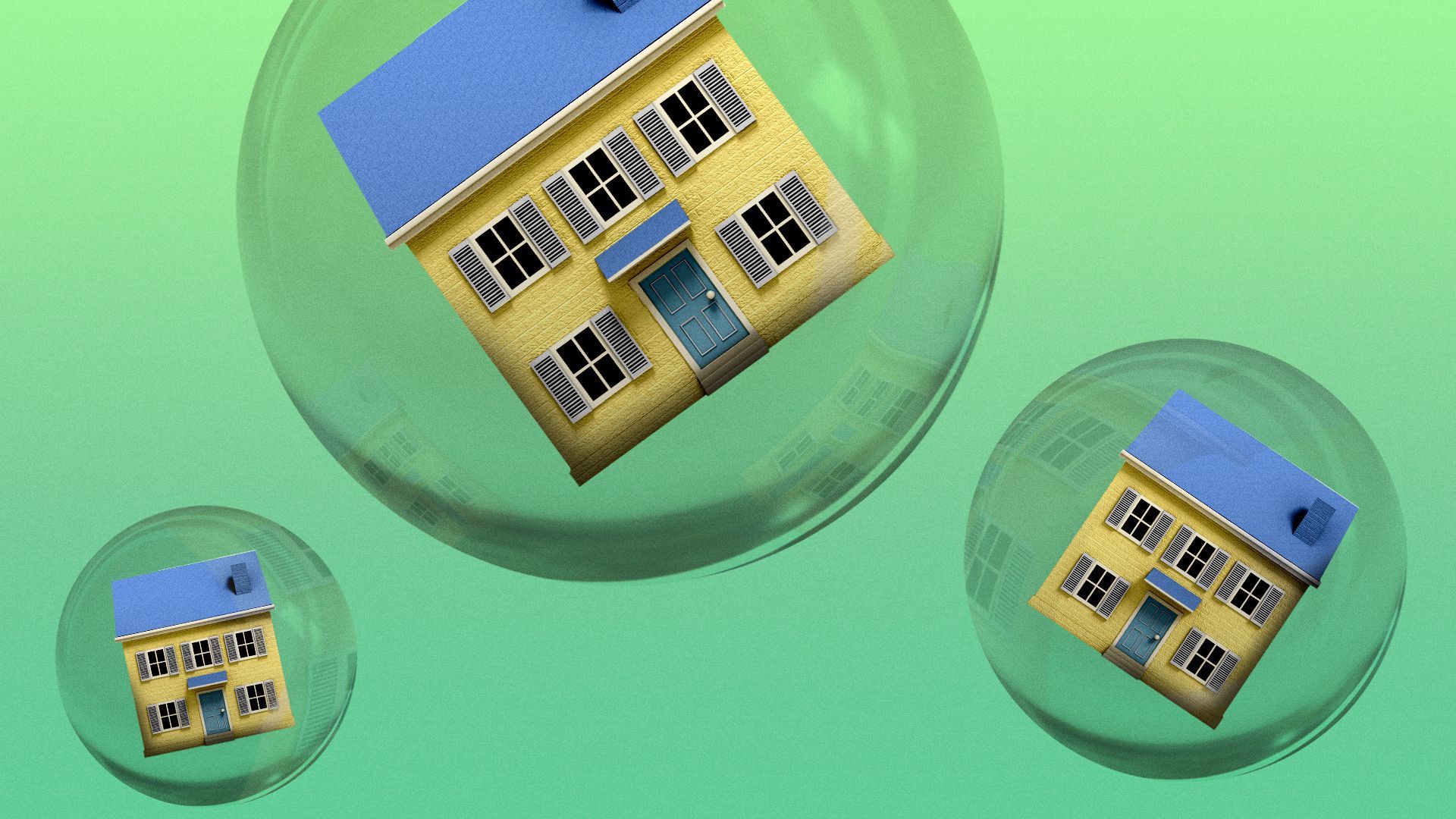Illustration of houses floating in bubbles.  