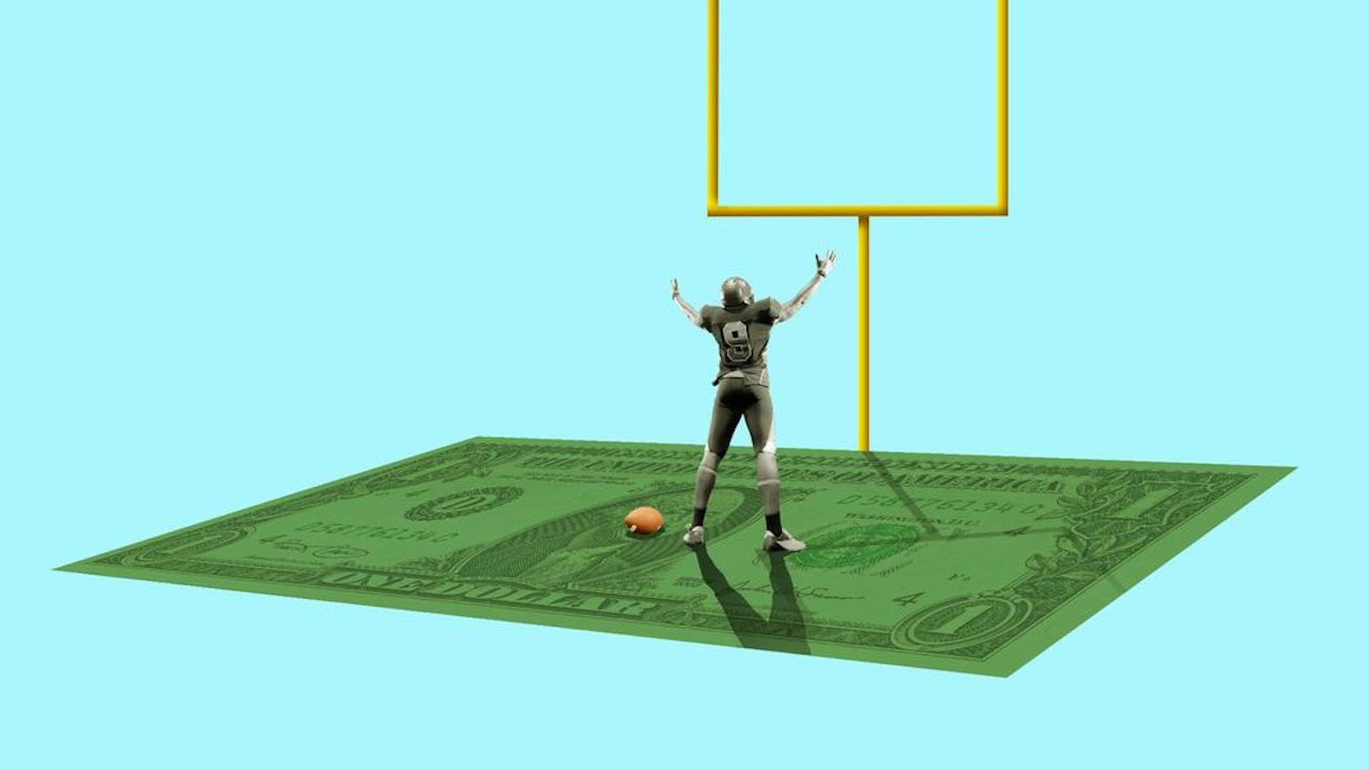 Illustration of football player on a field made of a huge dollar bill