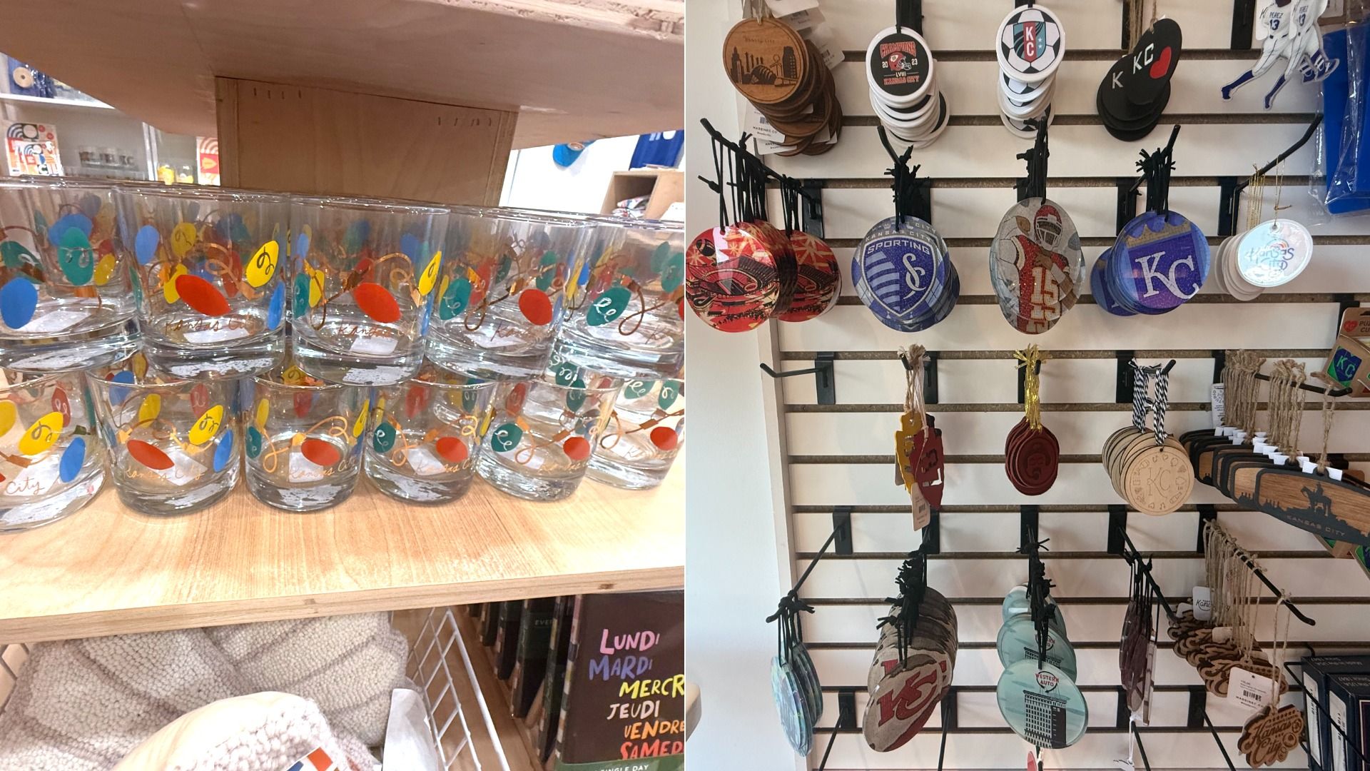 Two images side by side; left shows stacked glass cups with colorful Christmas light designs, right shows hanging round and oval keychains or ornaments with Kansas City and sports team logos.