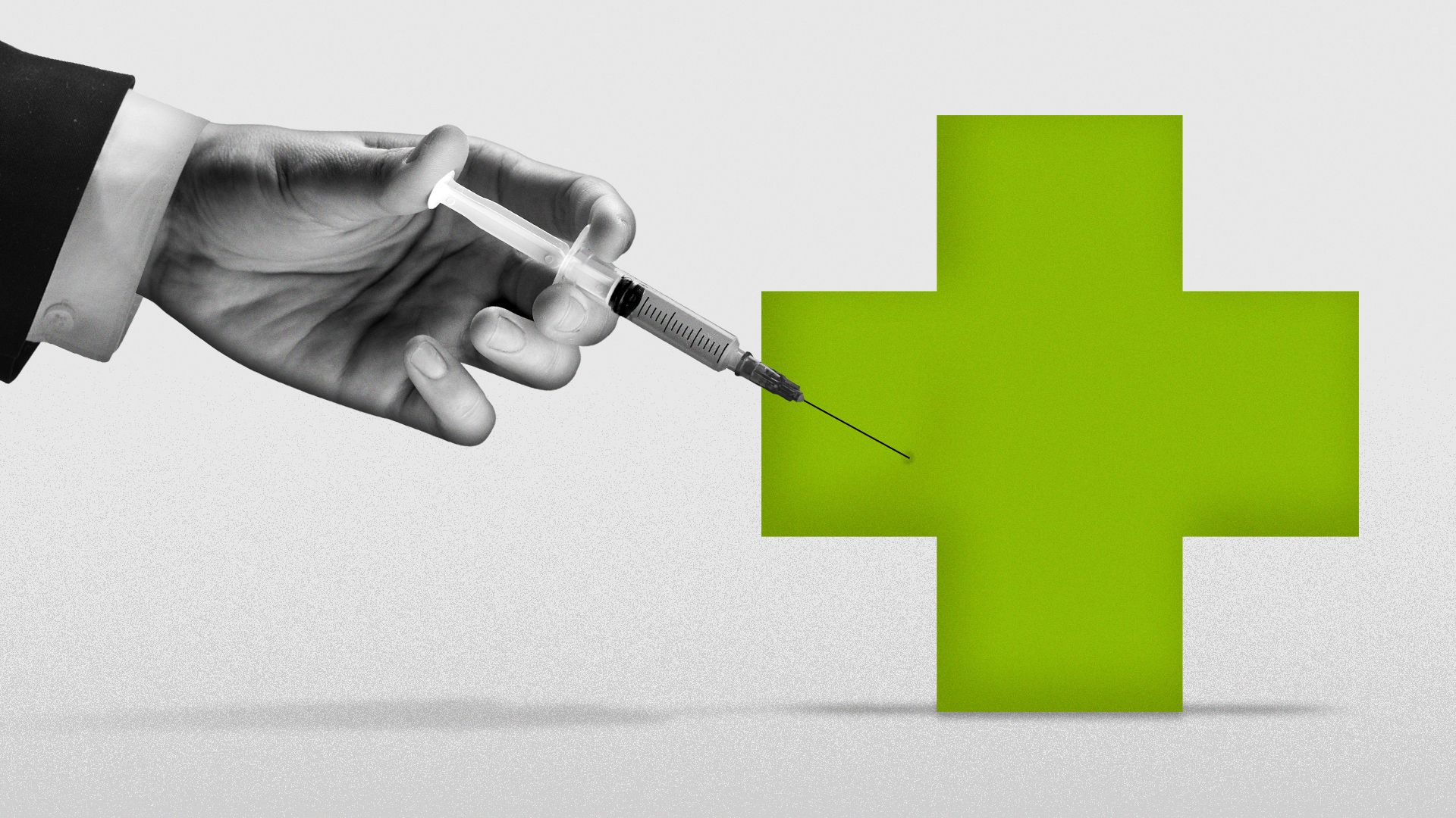 Illustration of a hand holding a syringe aiming at a green medical cross.
