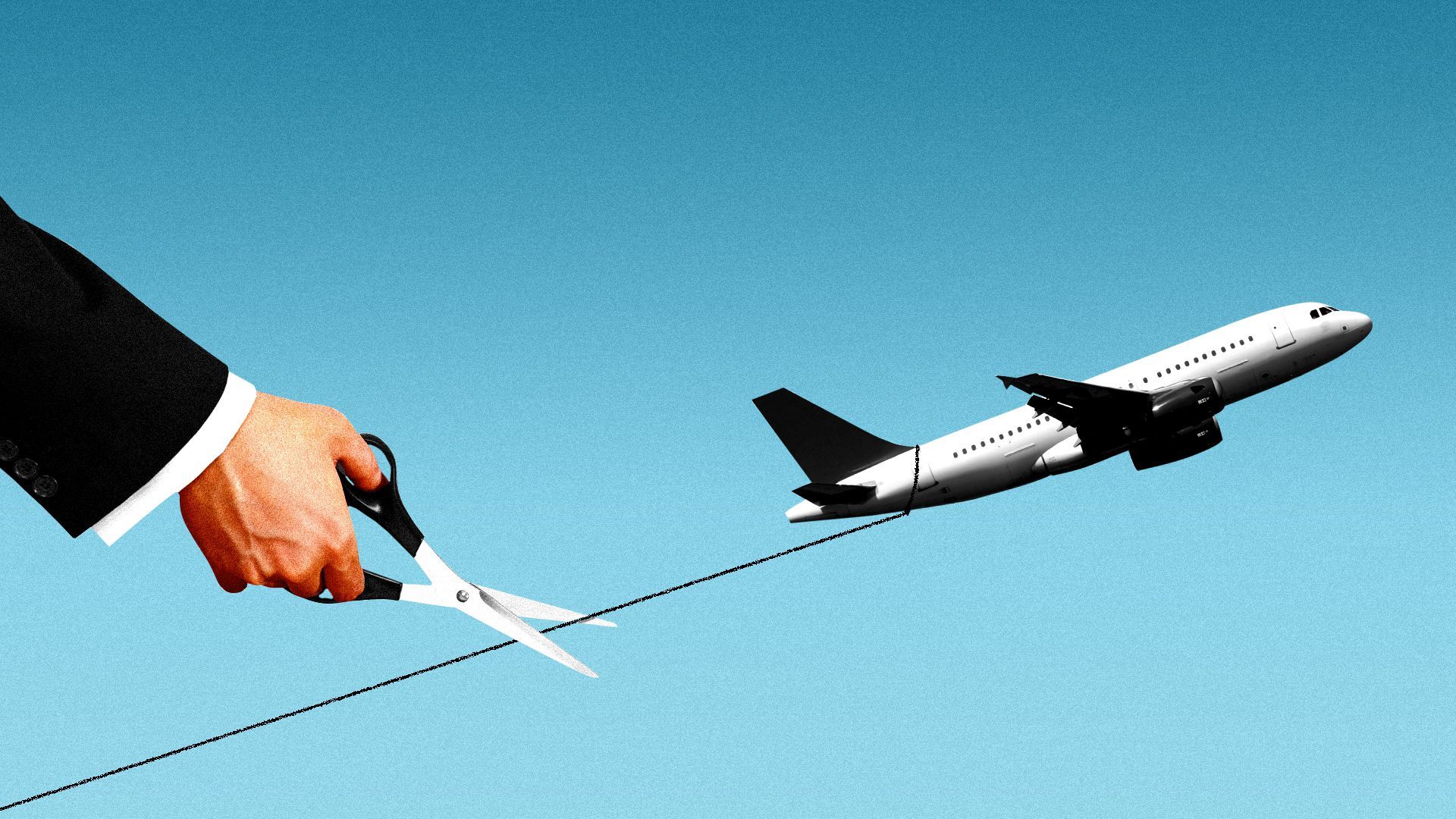 Illustration of an airplane in the air, being held back by a string that a hand is reaching out to cut with a pair of scissors. 