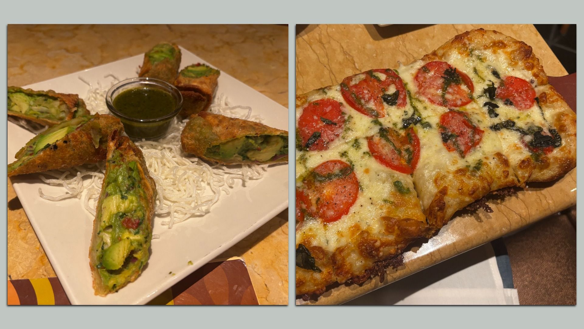 Two-panel food photo: left shows crispy avocado-filled bites with a green dipping sauce on a white plate; right shows a pepperoni and herb cheese pizza slice on a marble surface.