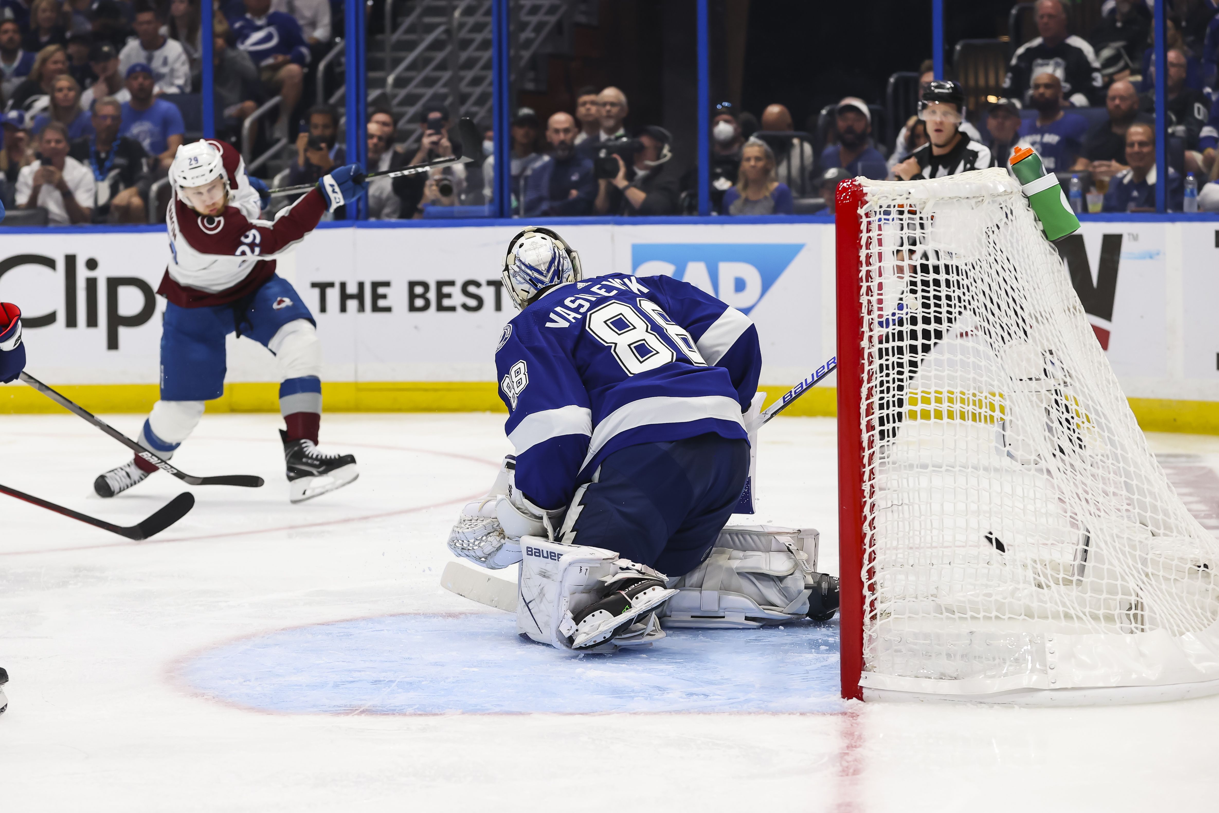 The Avalanche's Nathan MacKinnon fires a one-timer past Goalie Andrei Vasilevskiy in the second period to tie the game at 1-1. Photo: Mark LoMoglio/NHLI via Getty Images
