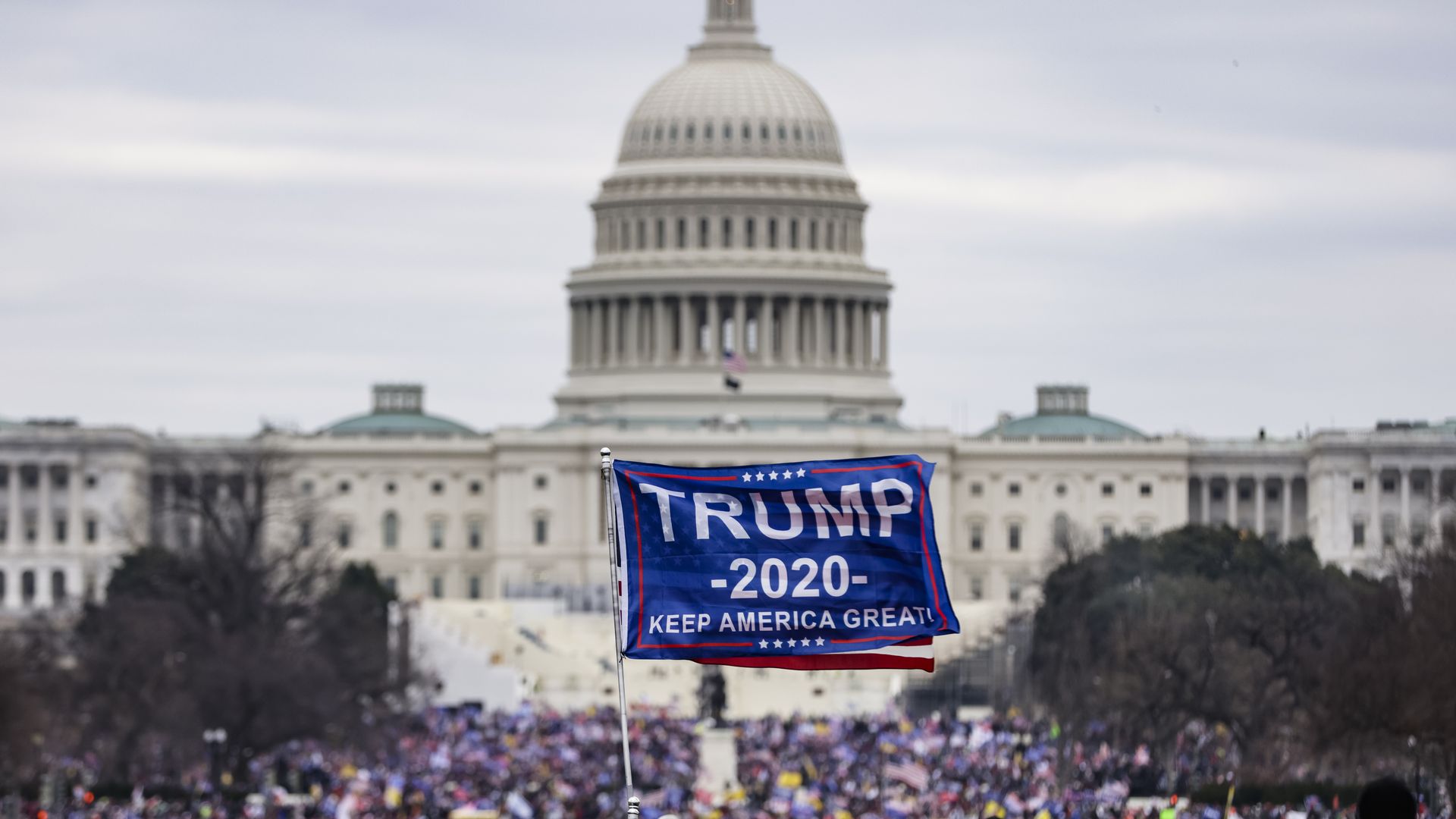 Photo of a Trump 2020 flag flying above a crowd packed in front of the U.S. Capitol