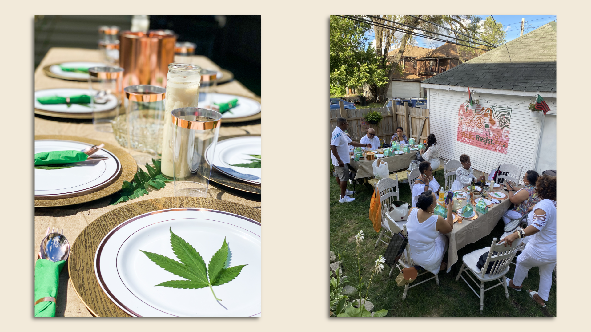 Place settings and an event photo show a party taking place at Copper House. 