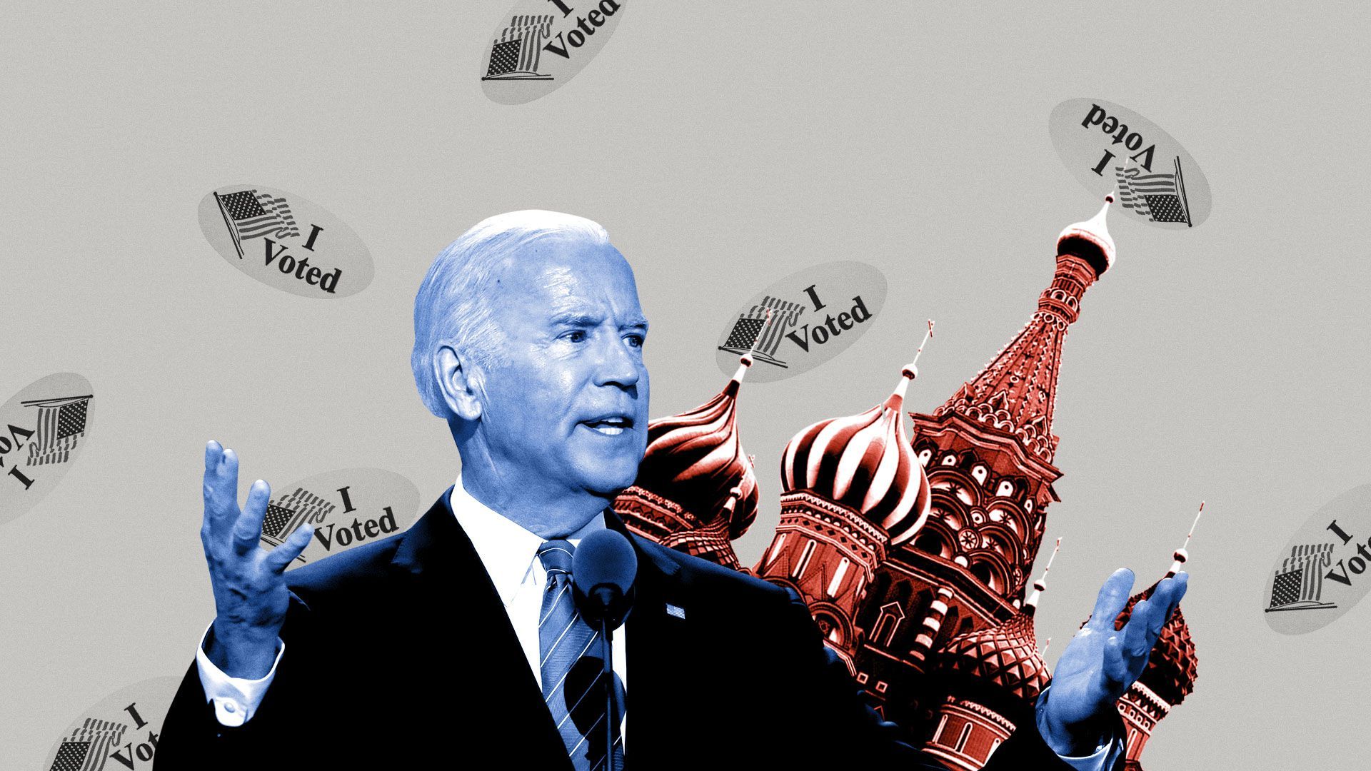 Photo illustration of Joe Biden, St. Basil Cathedral, and a pattern of “I voted” stickers