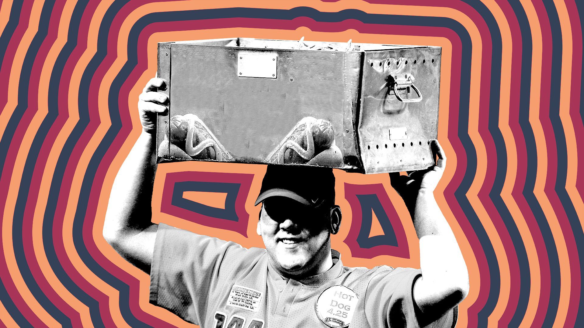 Photo illustration of a baseball stadium hot dog vendor with red, blue and orange lines radiating from him.