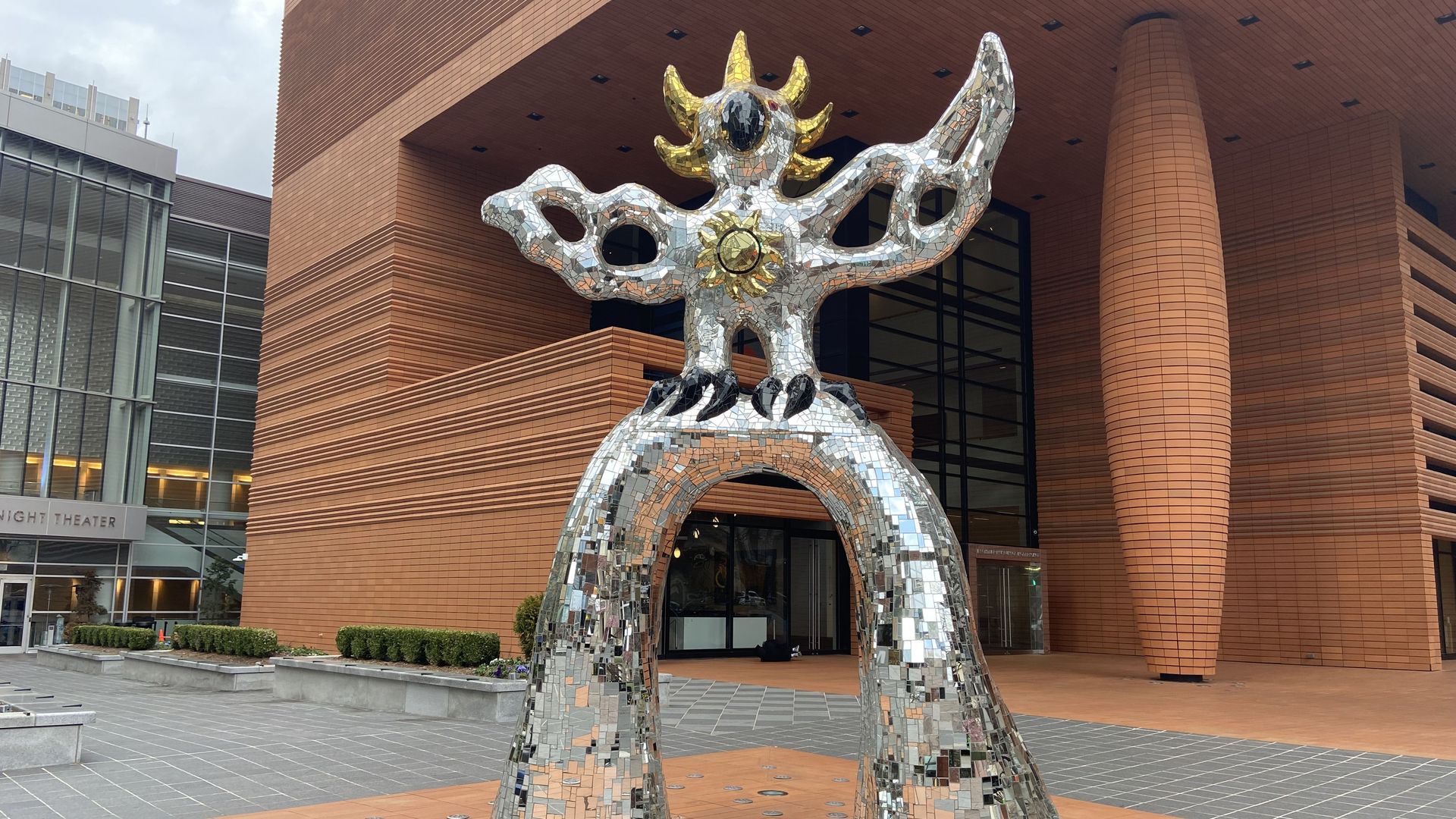 Entrance to the Bechtler Museum of Modern Art in Uptown Charlotte. A large statue stands outside. 