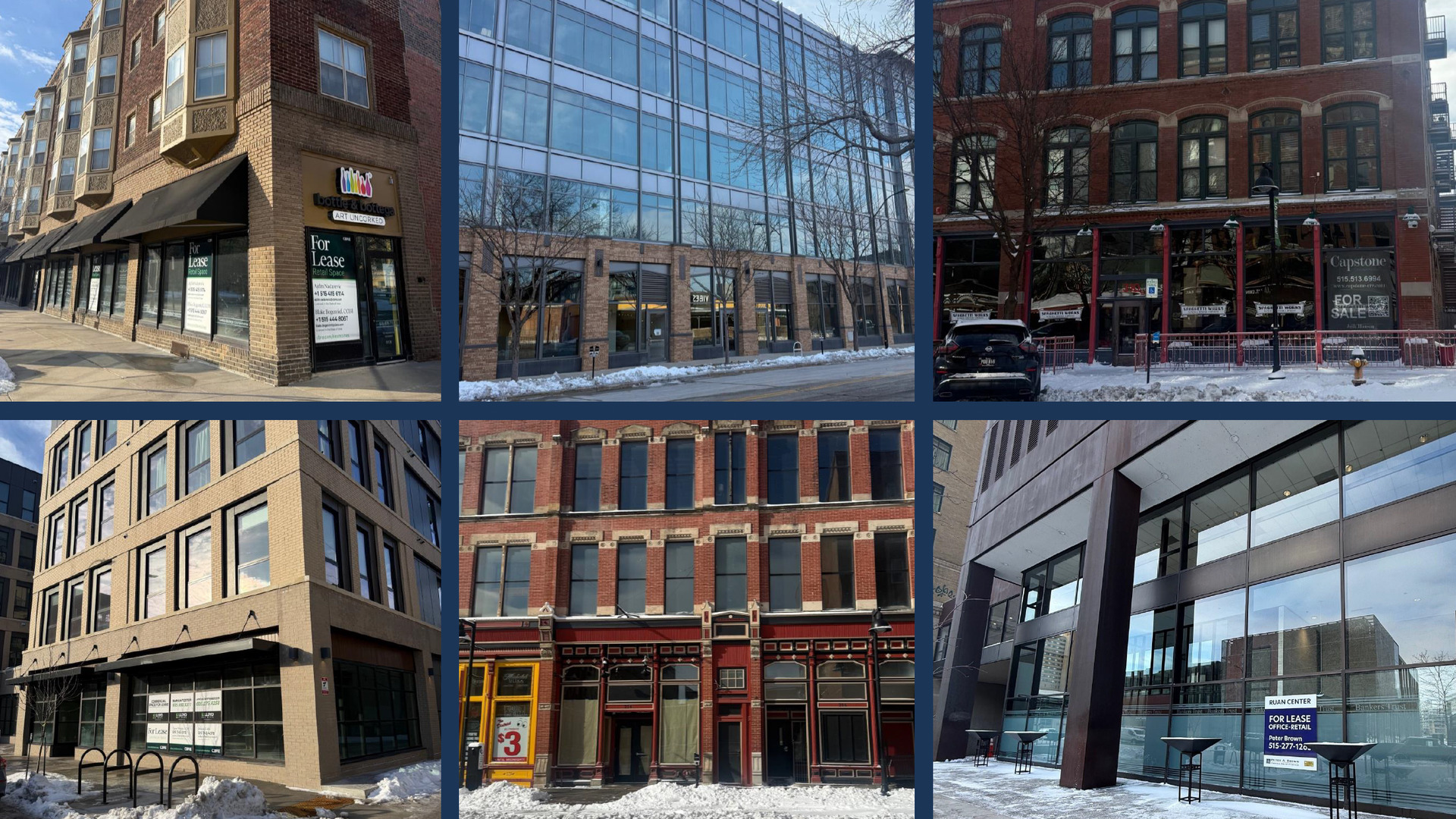 Photos of downtown Des Moines buildings.