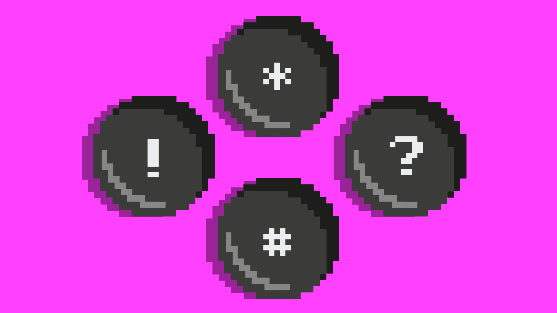 Animated illustration of video game controller buttons stylized with punctuation, one is a question mark and is being pressed repeatedly.