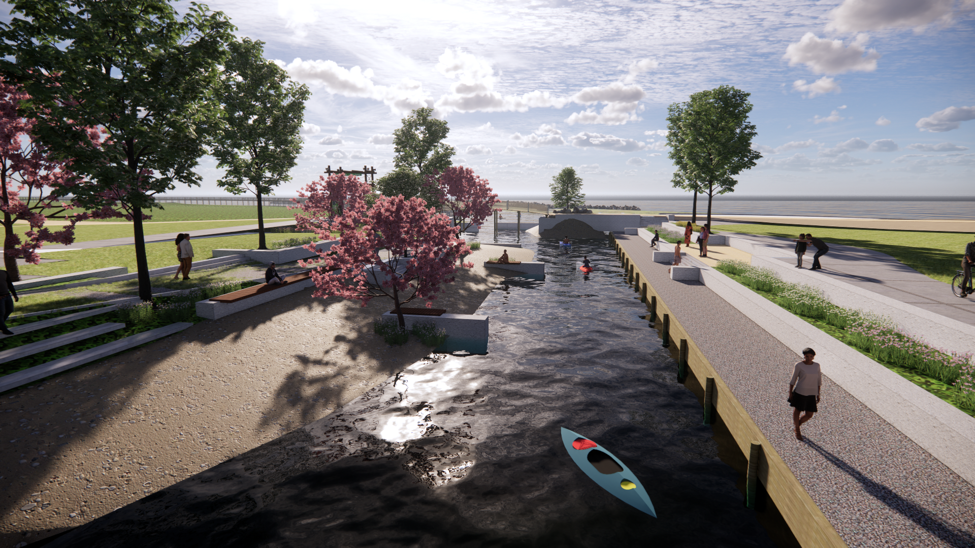 Photo shows a rendering of a paddle canal that's a protected waterway for kayakers and canoes.