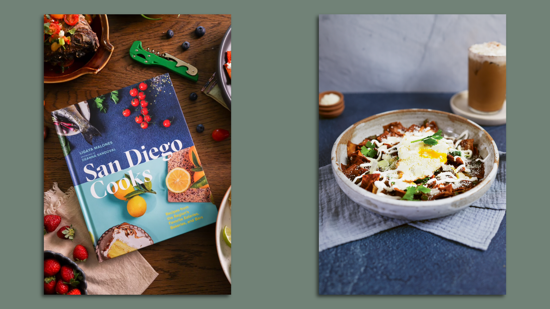 A photo of a cookbook on a table and a photo of a chilaquiles dish with a coffee. 
