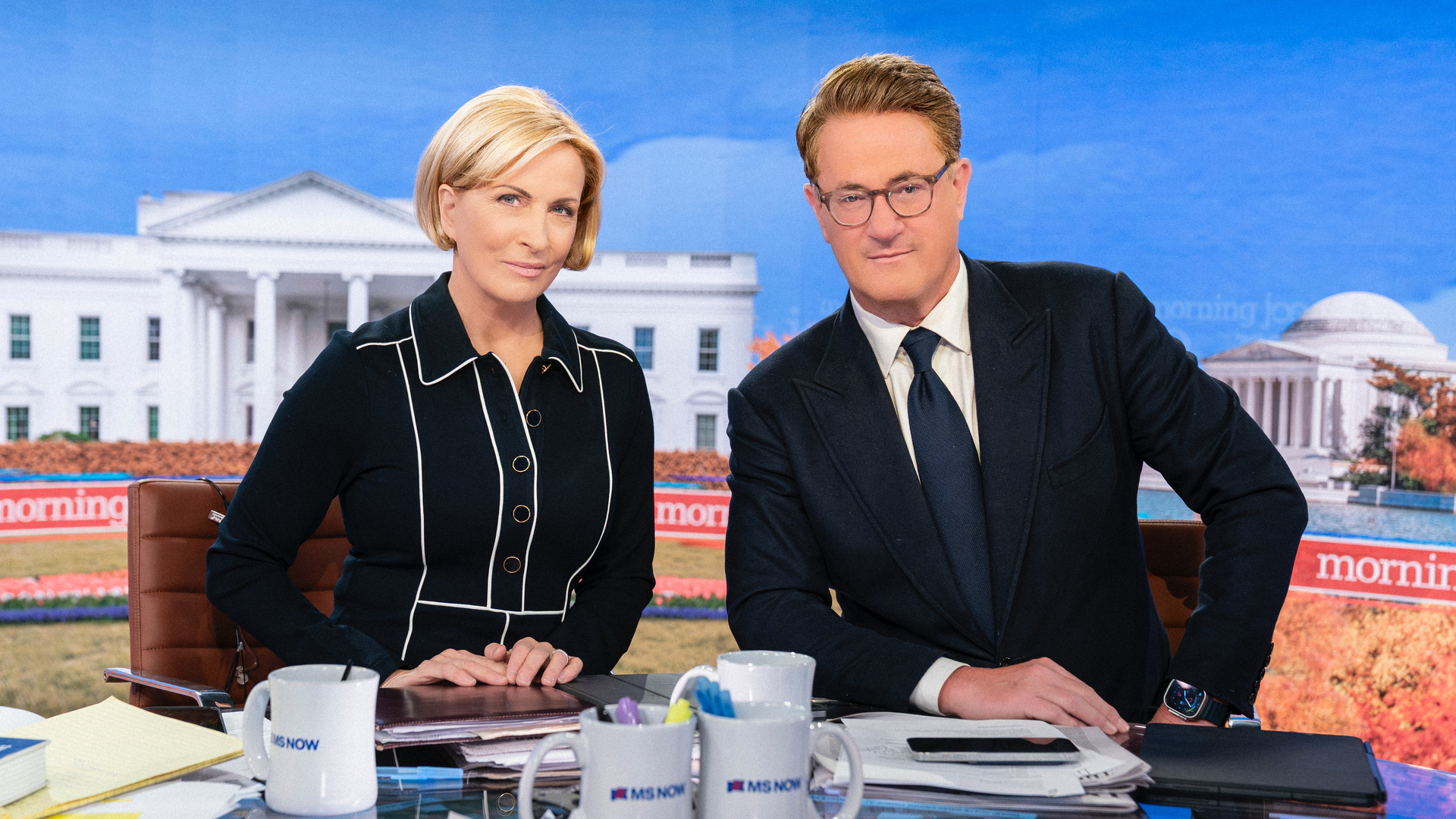 Joe Scarborough and Mika Brzezinski on-set in Manhattan. Photo: MS NOW