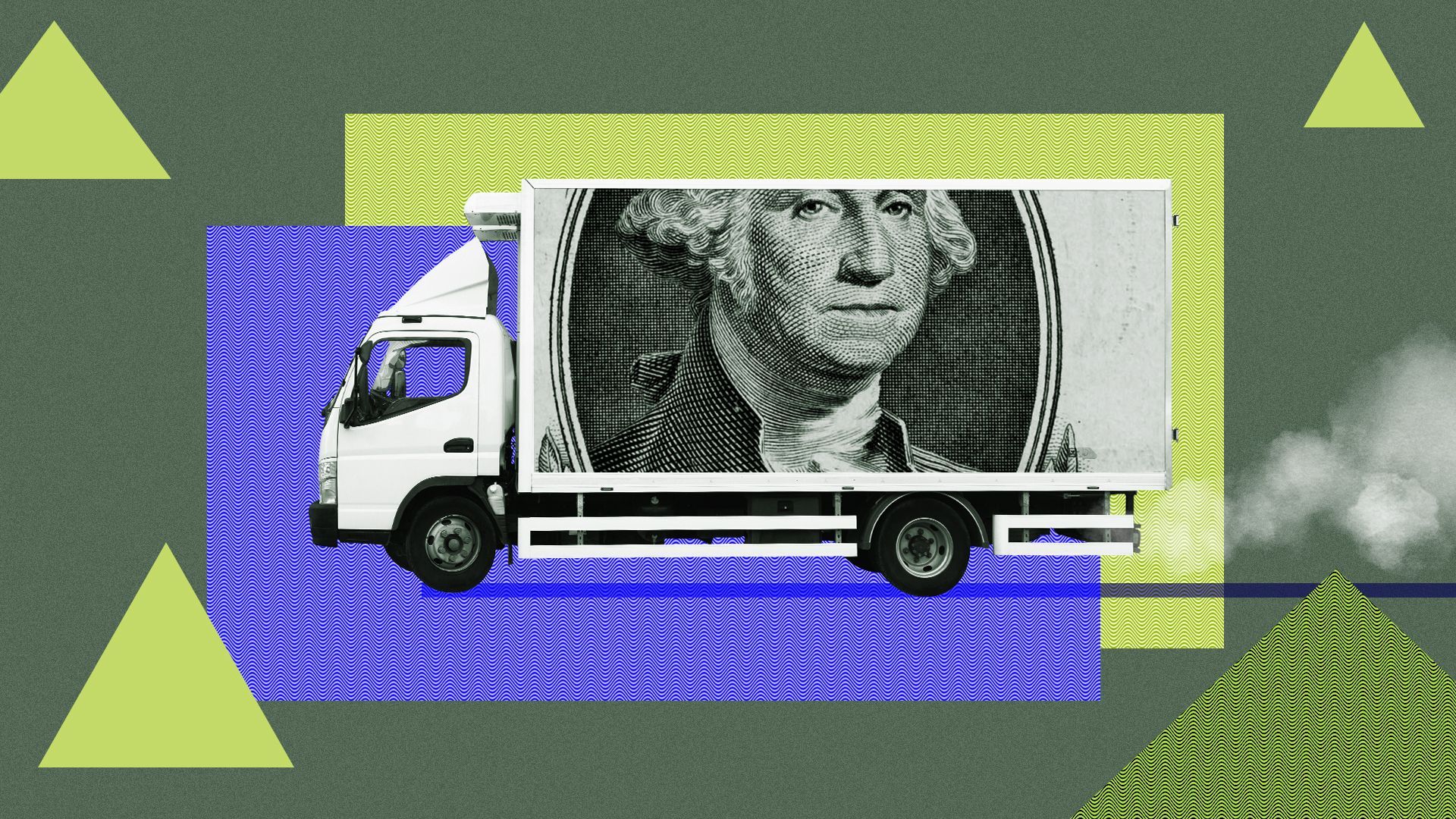 Illustration of a truck featuring a dollar bill surrounded by various shapes and money patterns
