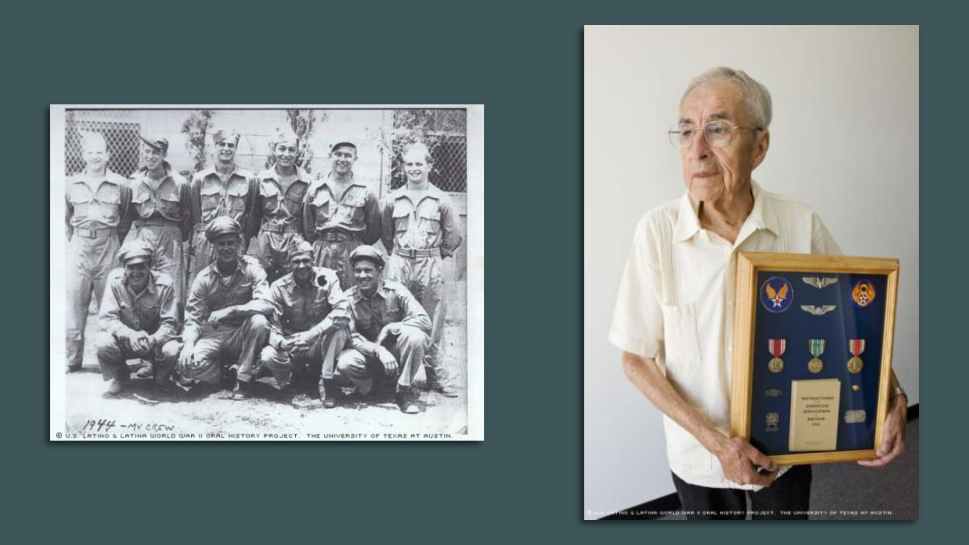 Side-by-side image showing a group of military men on the left and an elderly man holding his medals on the right.