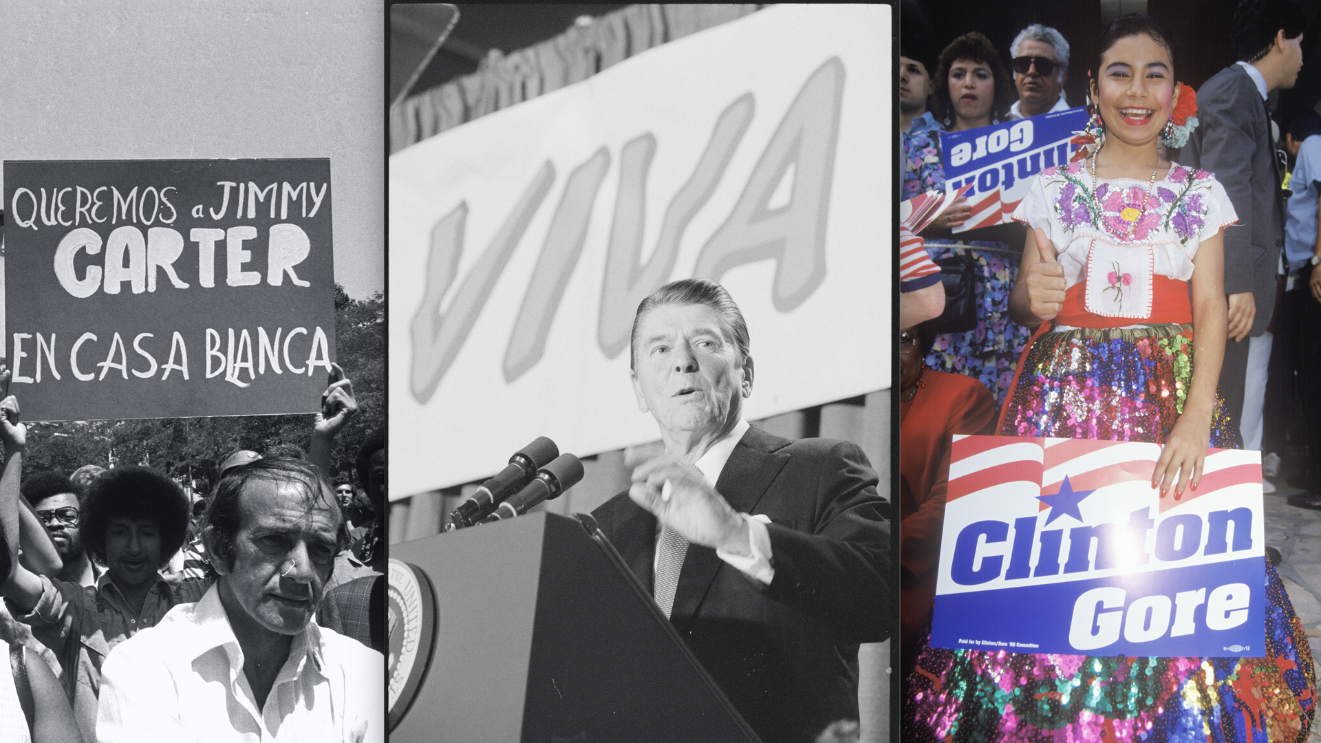 Jimmy Carter supporters with signs in Spanish in 1976; President Ronald Reagan for Latino supporters in 1983; Latino supporters of Bill Clinton in 1992.