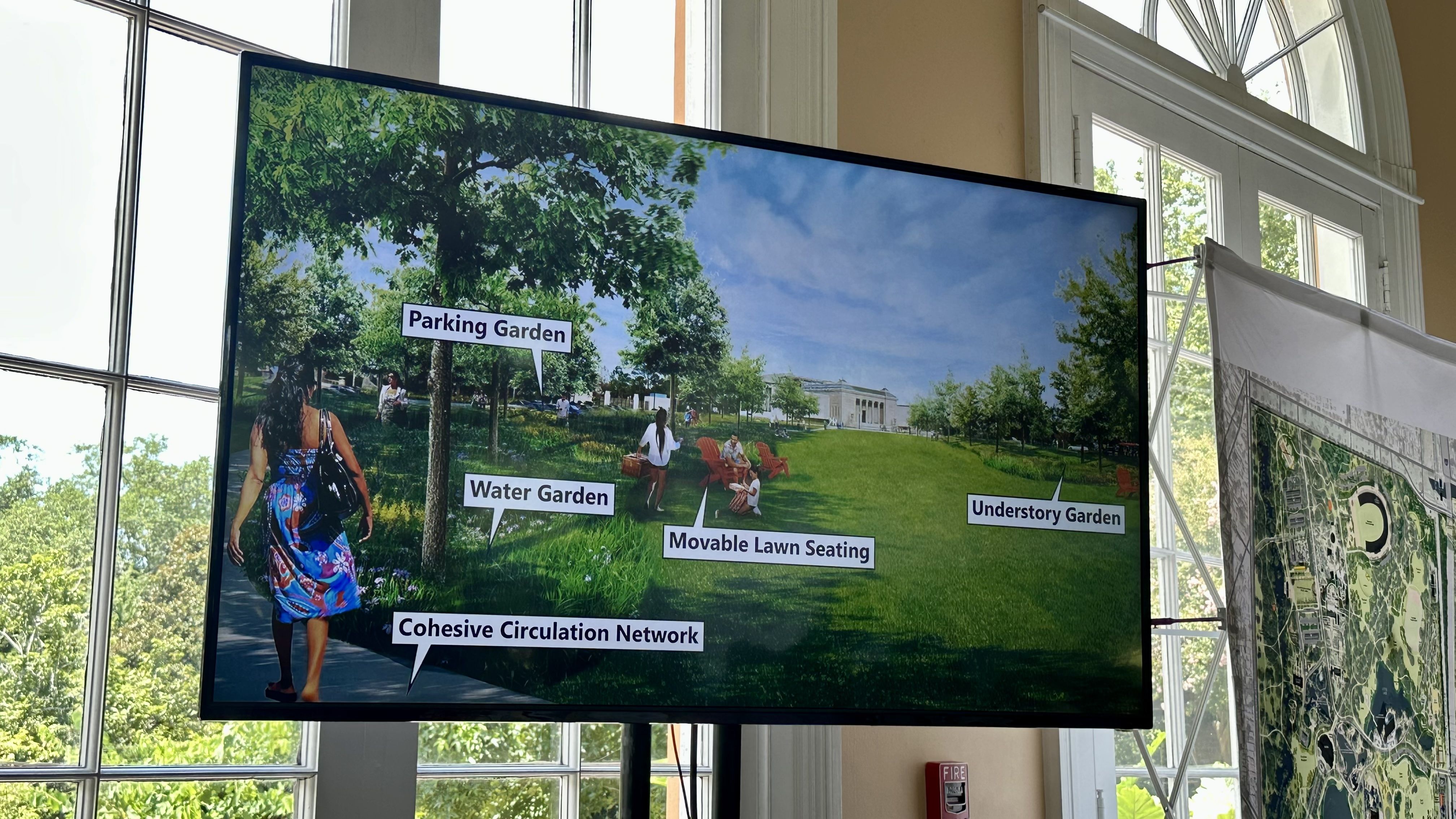 A digital screen inside a building displays a design rendering of a park area. The image includes labeled sections such as 'Parking Garden,' 'Water Garden,' 'Cohesive Circulation Network,' 'Movable Lawn Seating,' and 'Understory Garden.' People are shown enjoying the space.