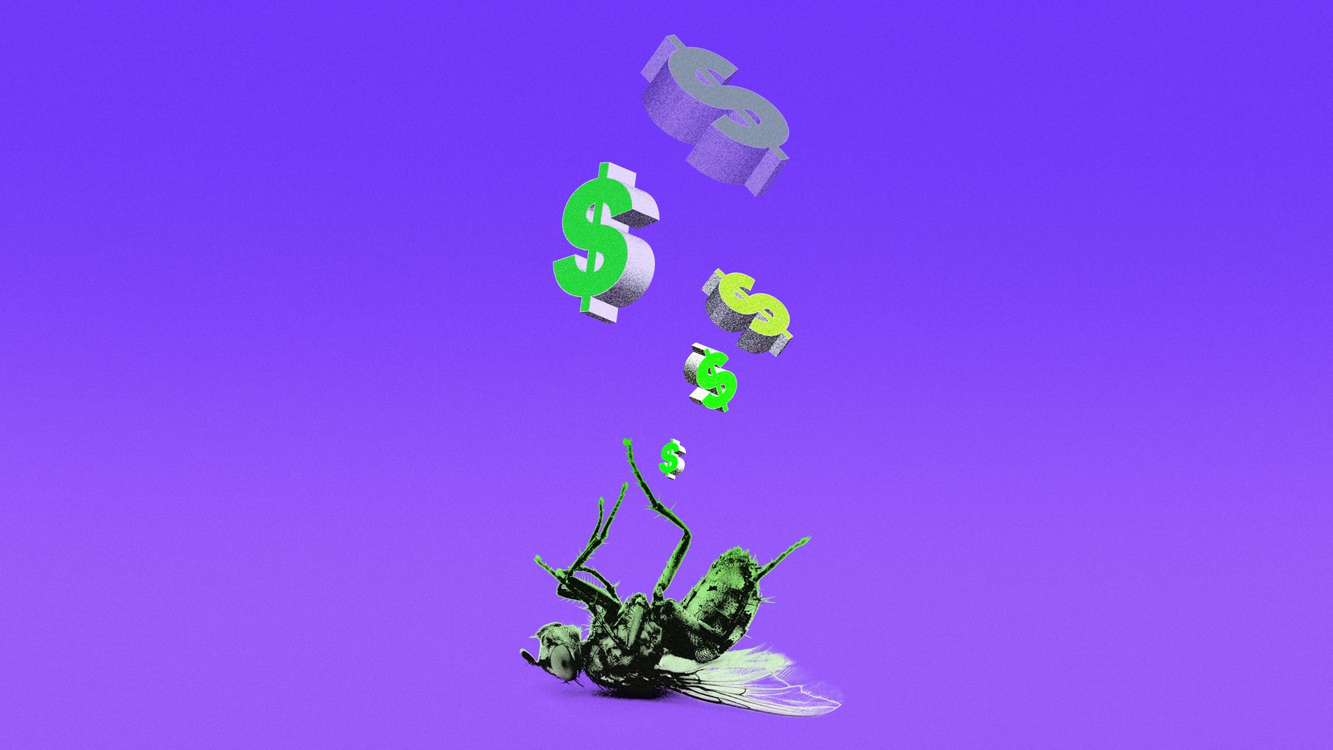 Dead bee with dollar signs floating above it