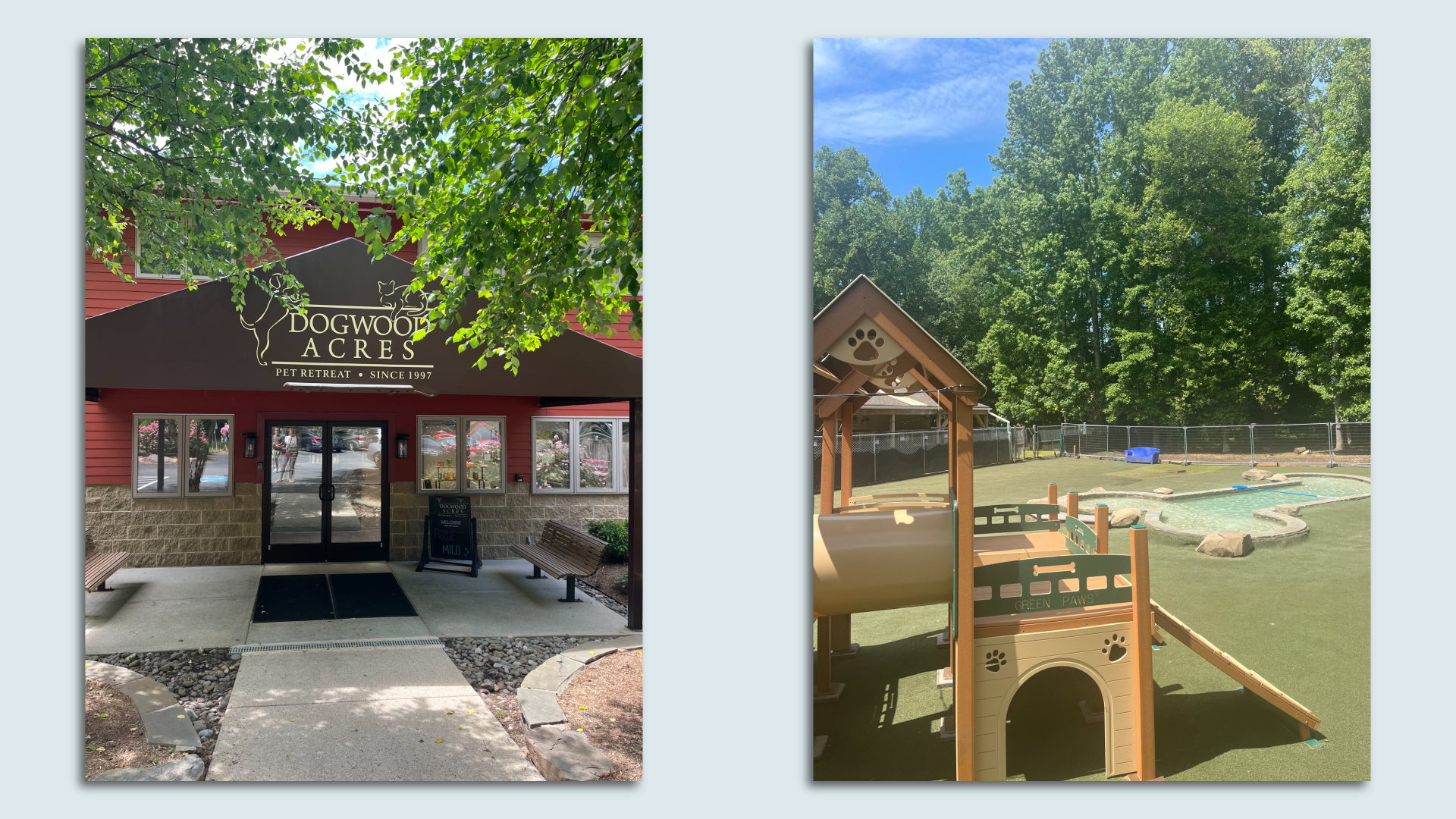 Two side-by-side images of the pet resort's entrance and its play area.