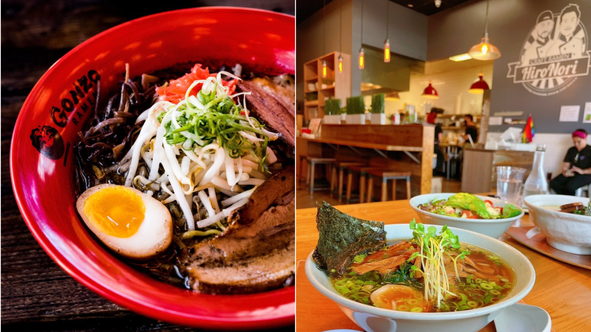 A bowl of ramen with an egg, pork, bean sproutsand other toppings (left). Another photo shows a bowl of ramen on a table at a restaurant.