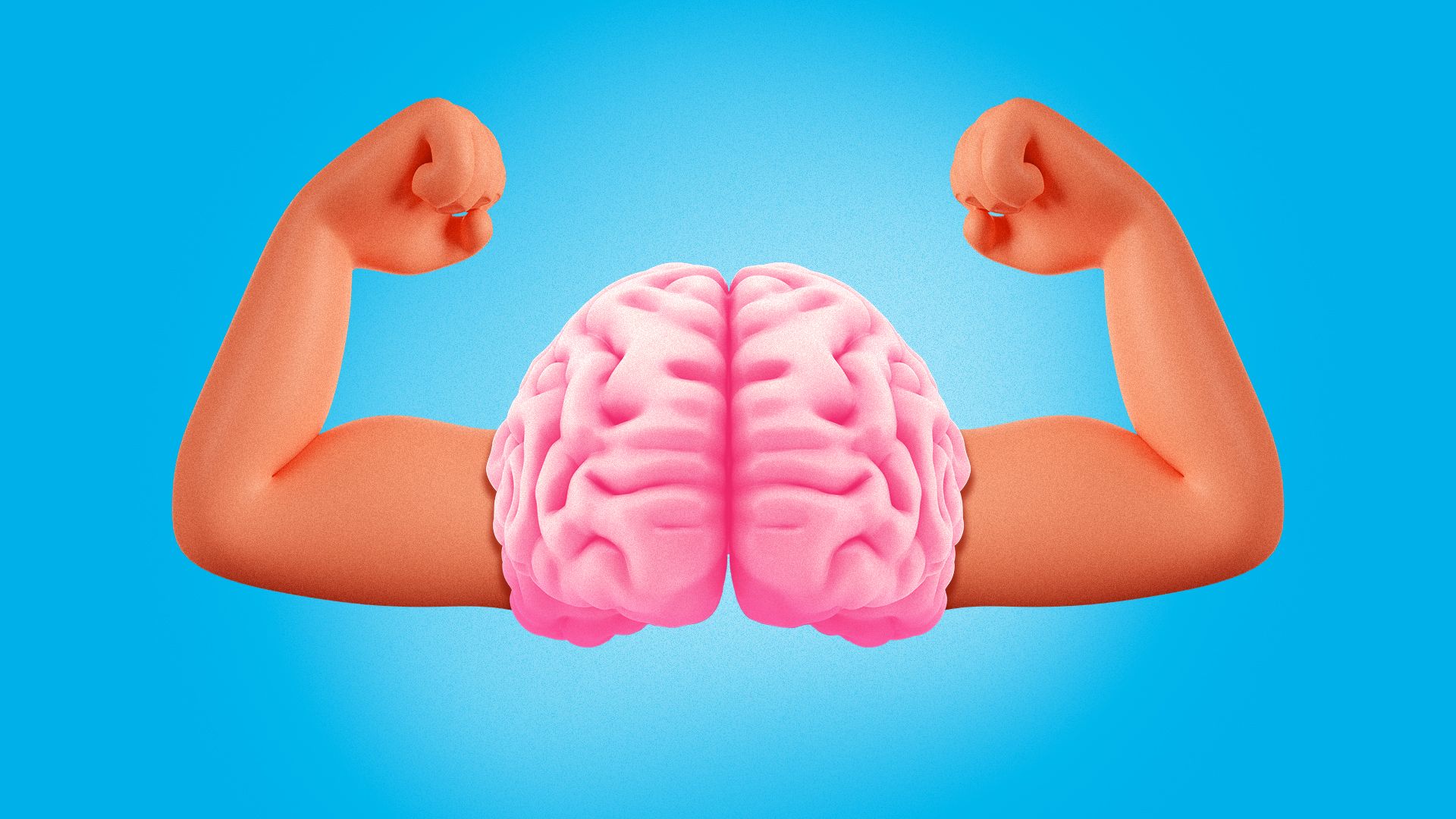 Illustration of a brain with two flexed muscular arms.