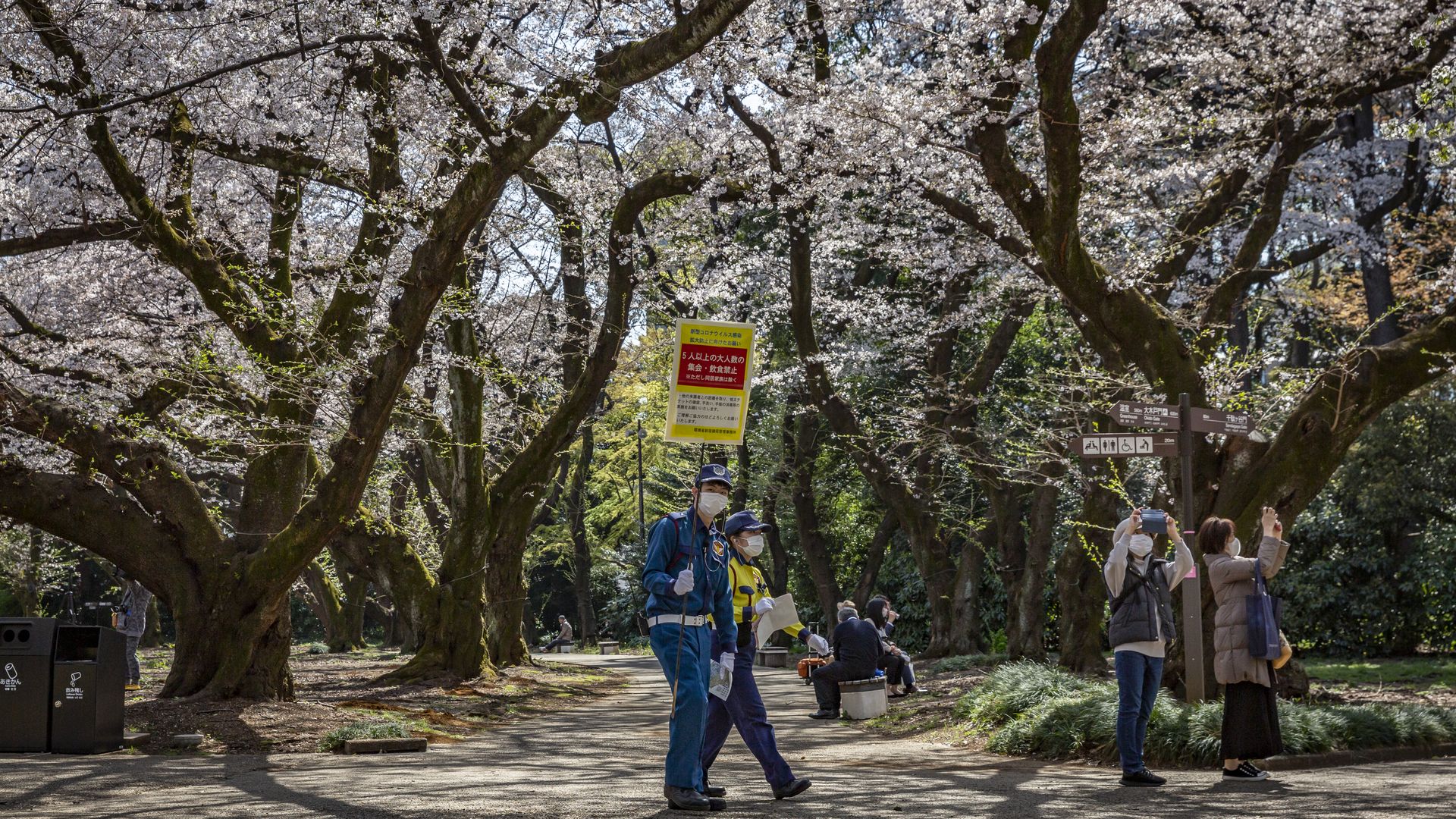 A security staff holds a sign advising against viewing parties with more than five people during the cherry blossom bloom on March 23, 2021 in Tokyo, Japan