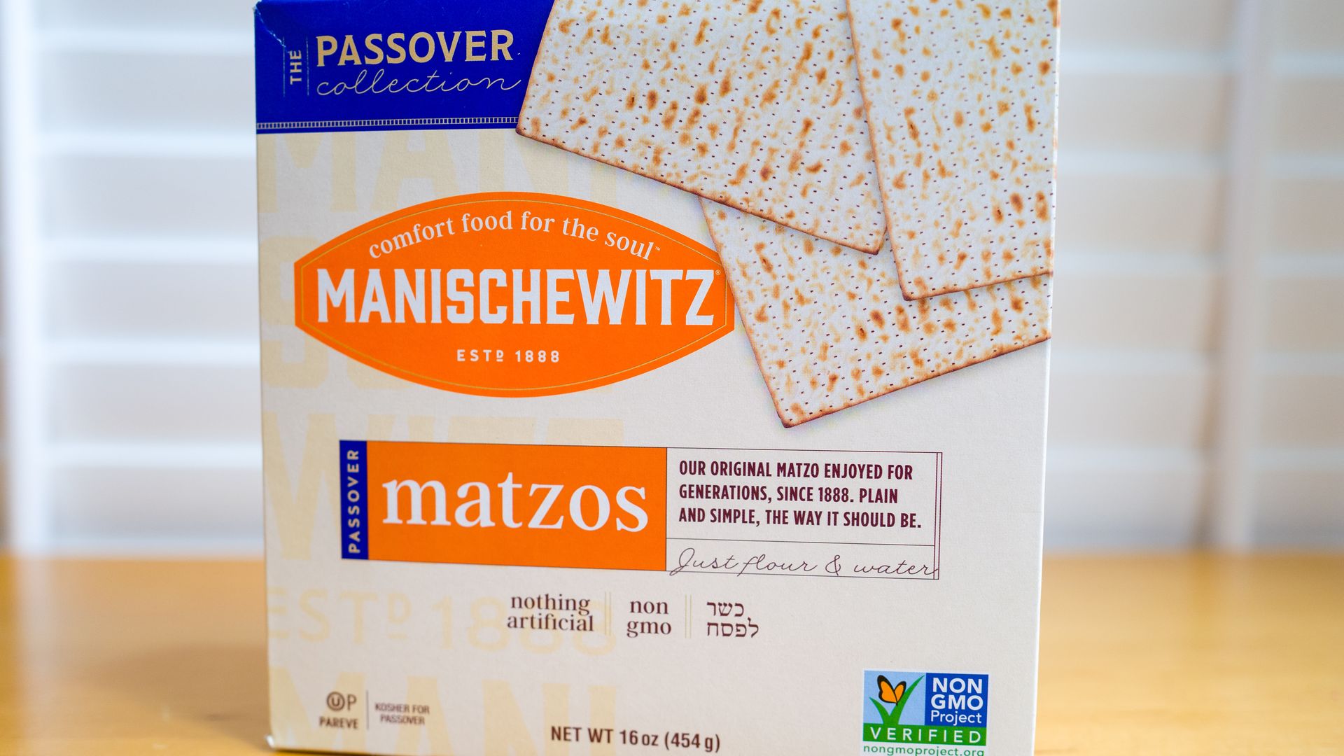 Close-up of a box of Kosher for Passover Matzos bread from Manischewitz