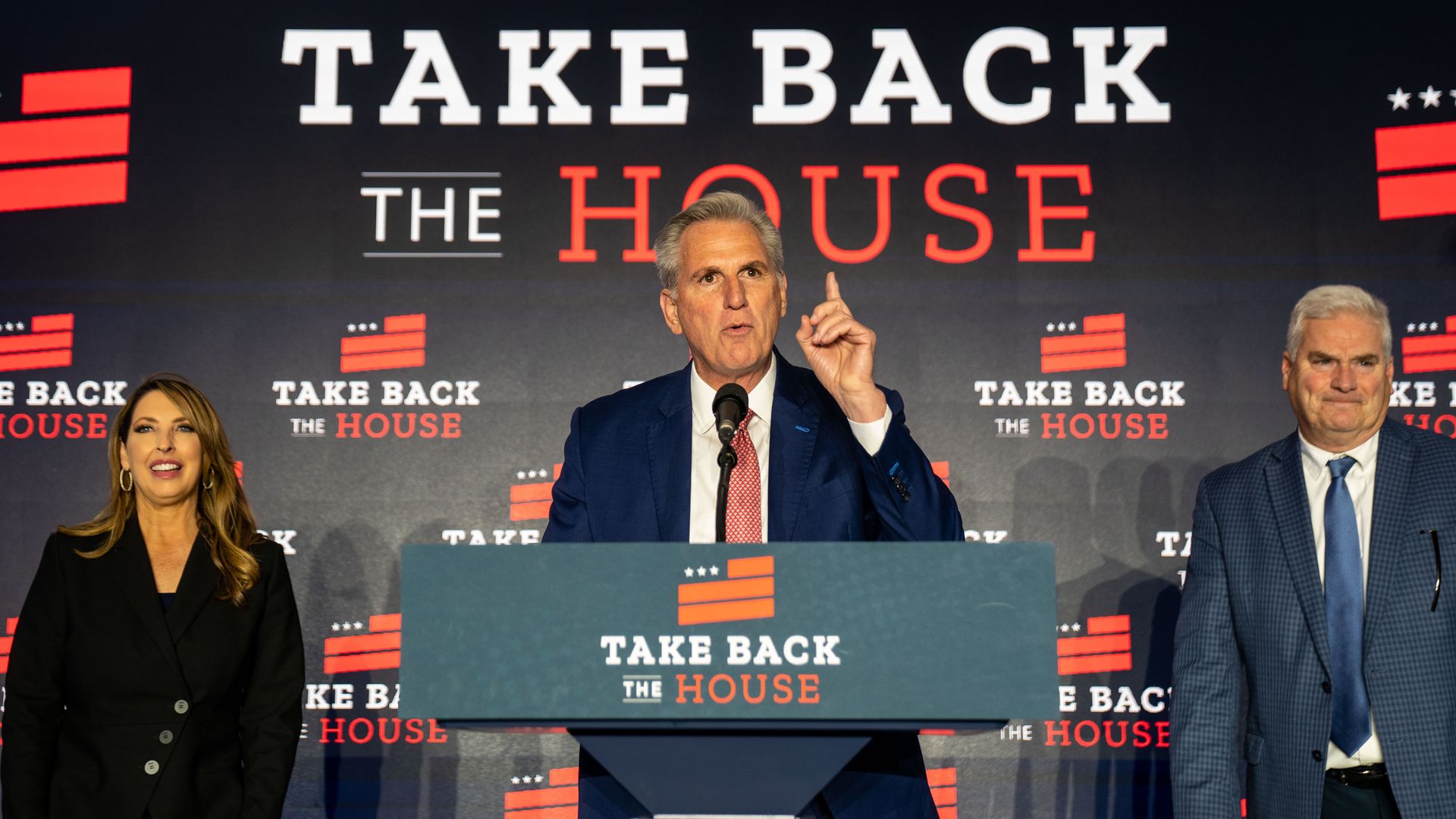 House Minority Leader Kevin McCarthy (R-CA) addresses a crowd during an election night watch party at the National Ballroom at The Westin, City Center on Wednesday, Nov. 9, 2022 in Washington, DC.