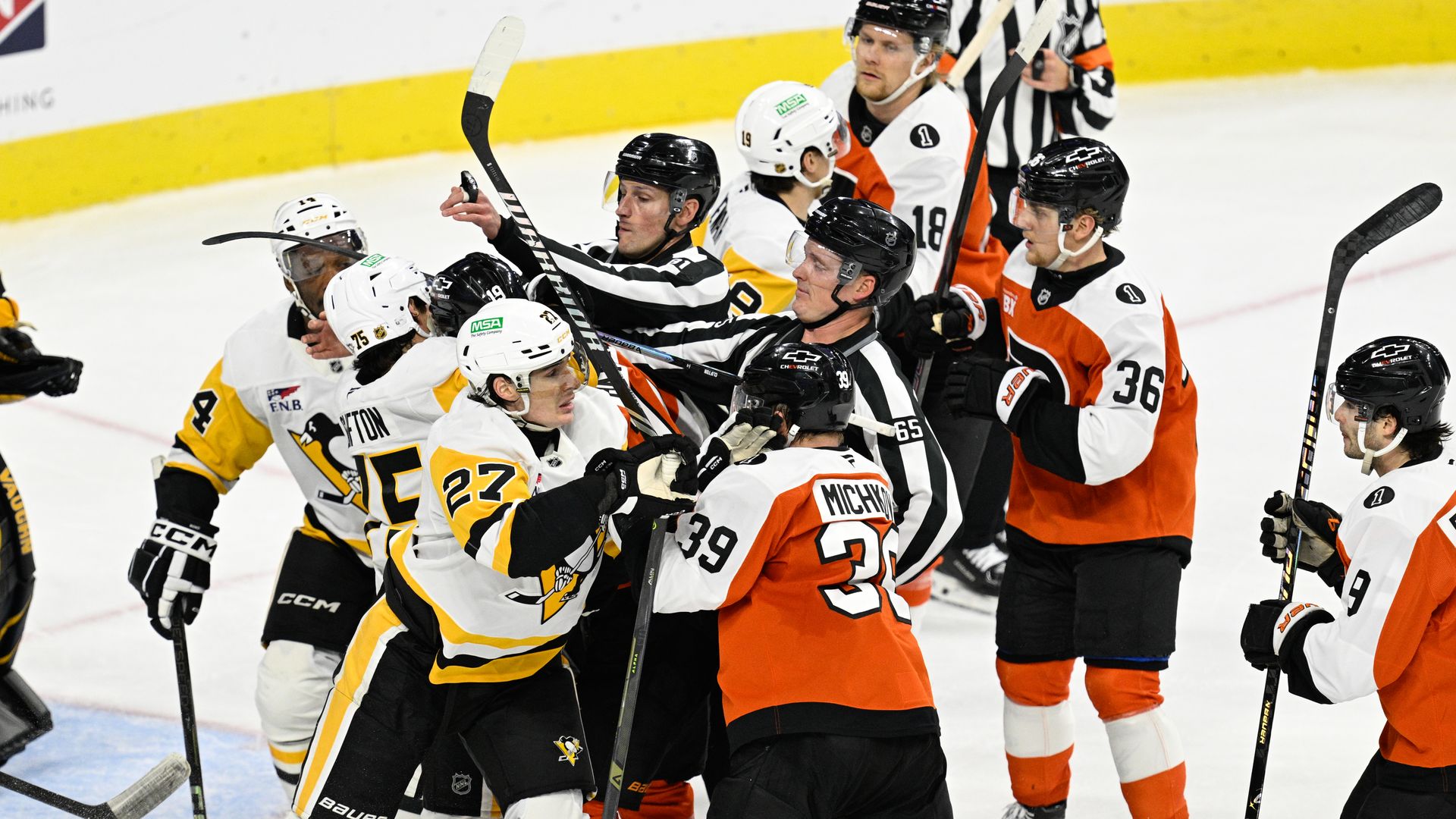 PHILADELPHIA , PA - DECEMBER 01: Penguins and Flyers players fight during the game between the Philadelphia Flyers and the Pittsburg Penguins on December 1st, 2025 at the Xfinity Mobile Arena in Philadelphia, PA. (Photo by Terence Lewis/Icon Sportswire via Getty Images)