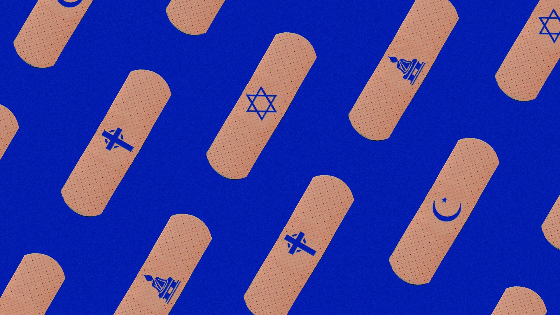 Illustration of a pattern of Band-Aids with different religious symbols on each of them