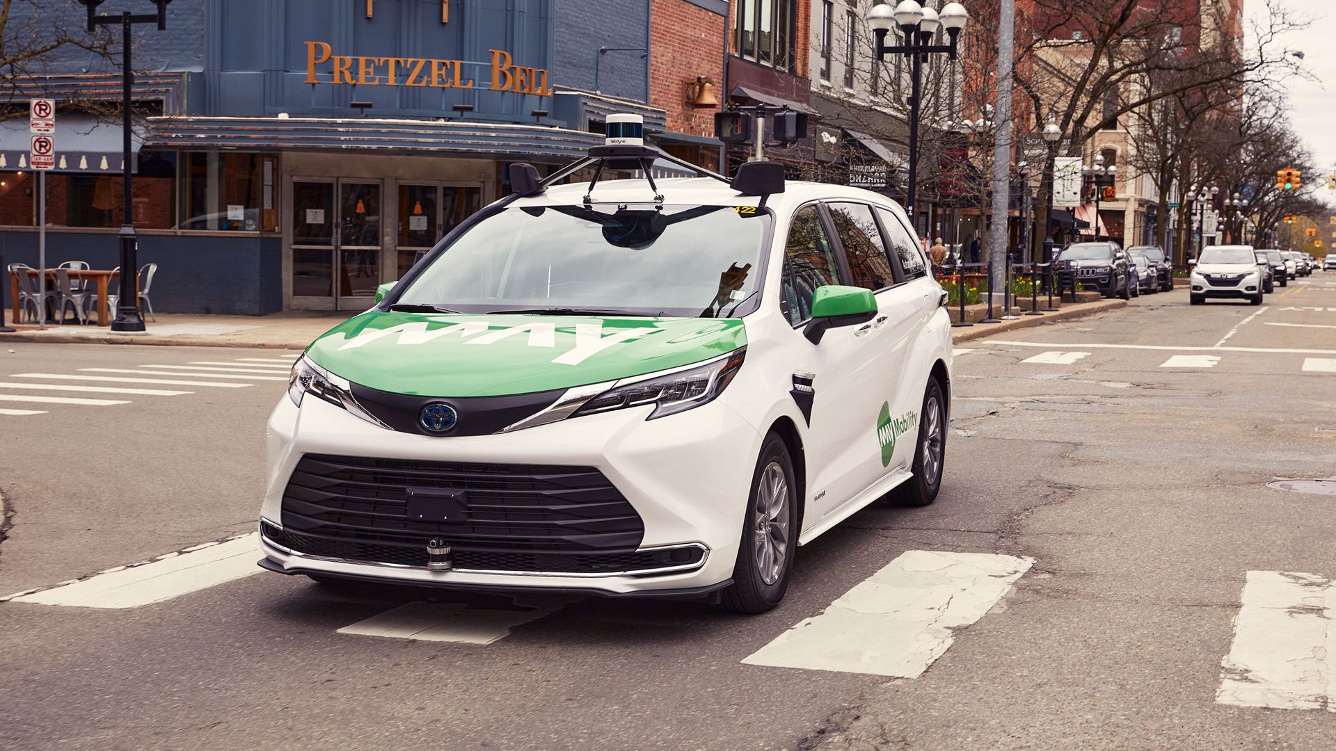 One of May Mobility's vehicles on the road in Ann Arbor.