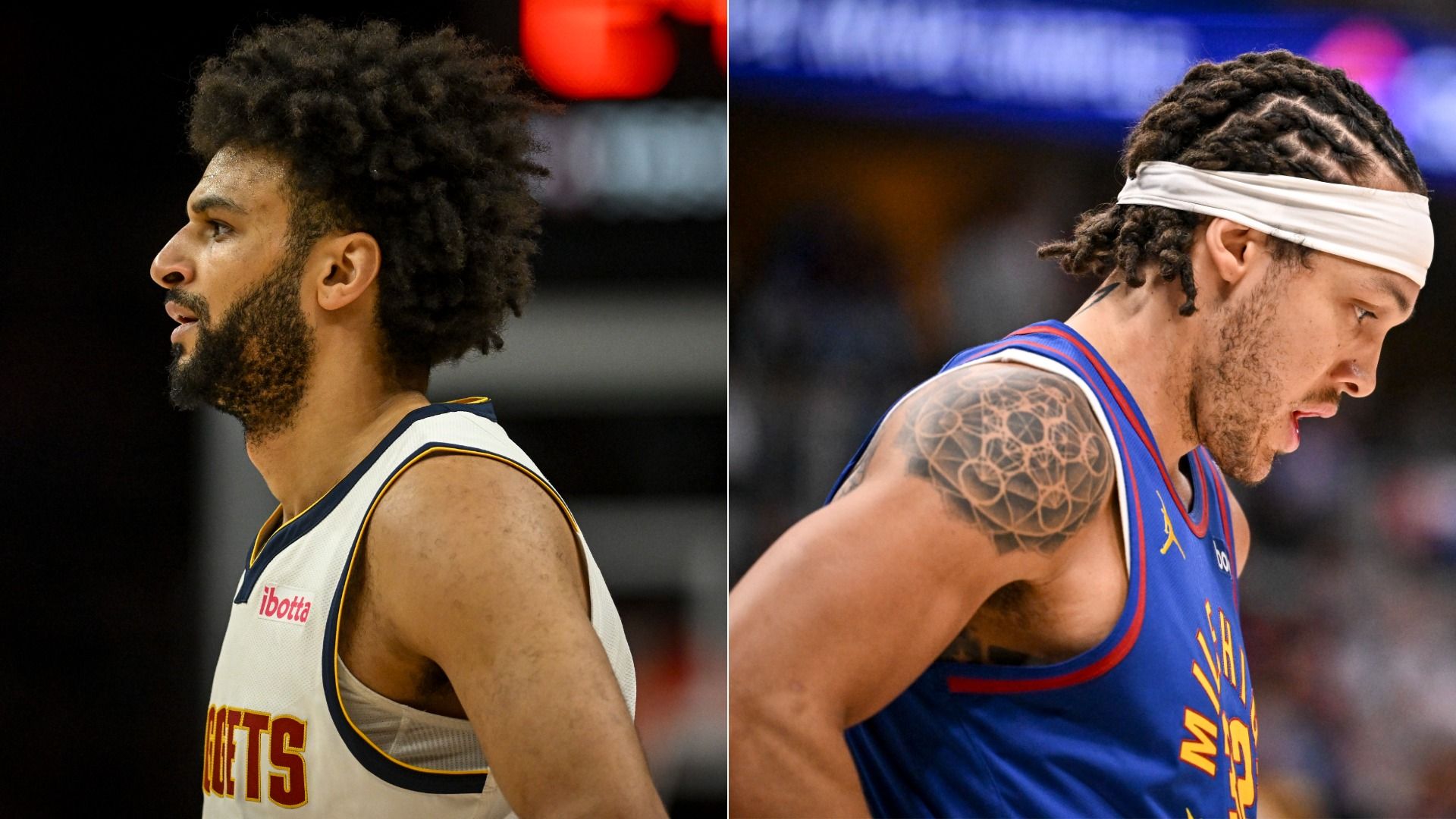 Split image of two basketball players in profile: left is a bearded man with dark curly hair in a white jersey; right is a man with braids and a white headband in a blue jersey with a shoulder tattoo.