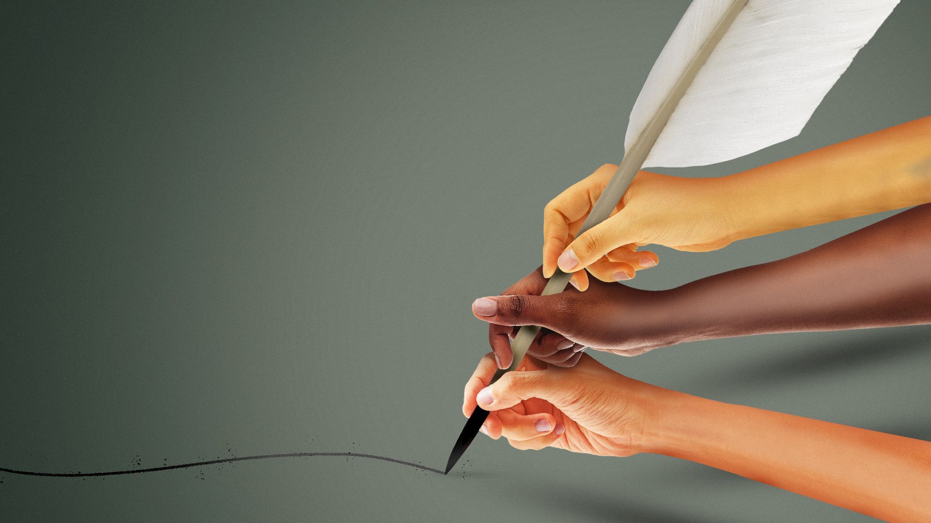 Three hands writing with a quill