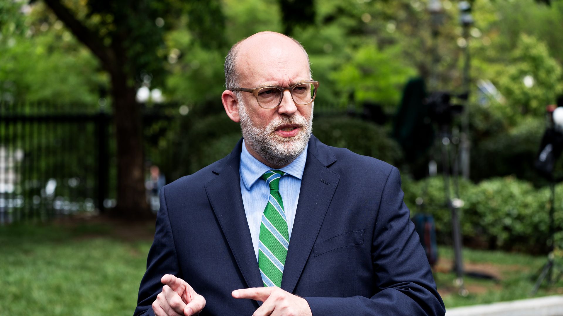 Russ Vought gestures as he speaks to reporters (not pictured).