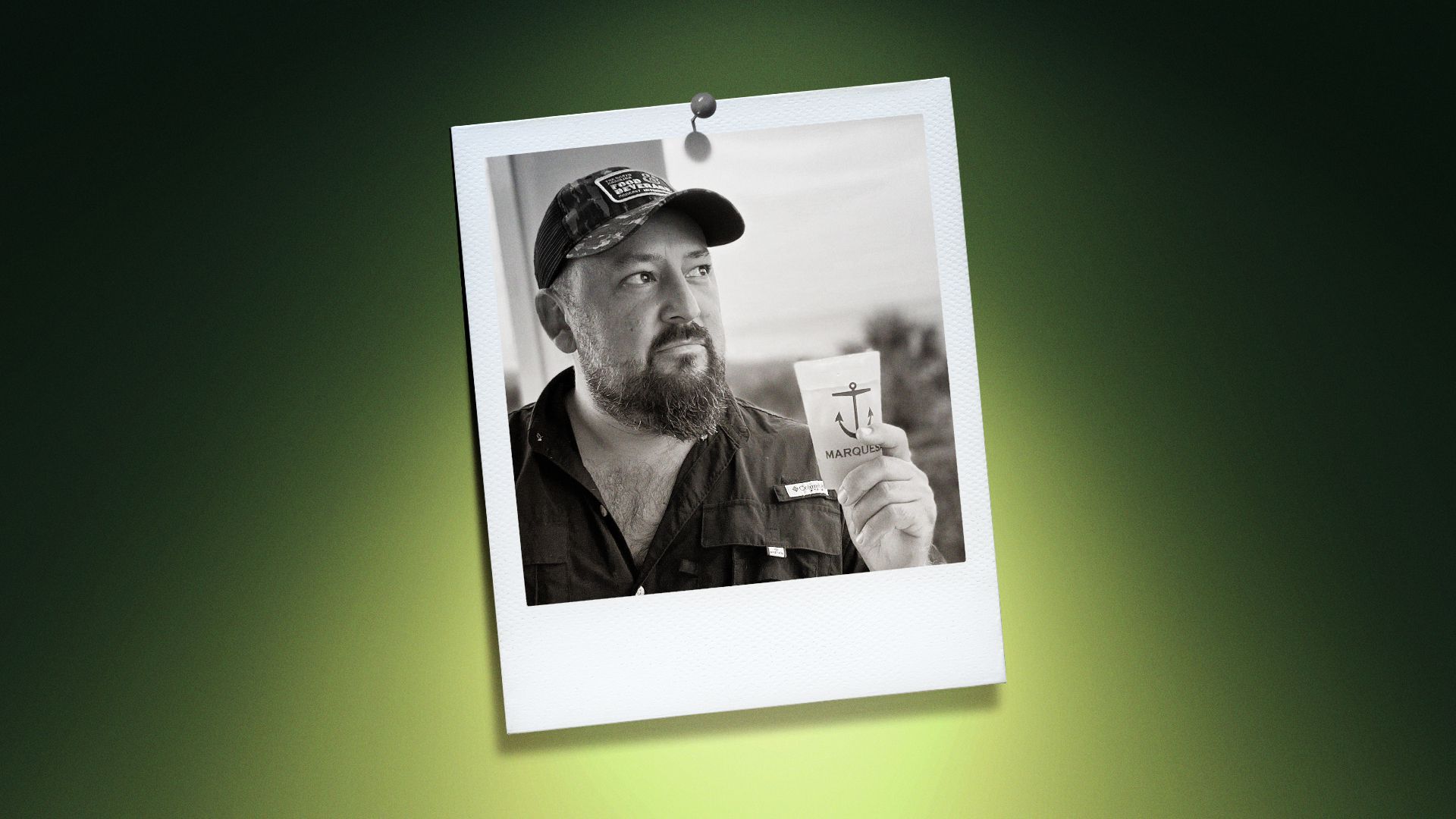 Photo illustration of Max Trujillo in the center of a Polaroid photo under a green spotlight.