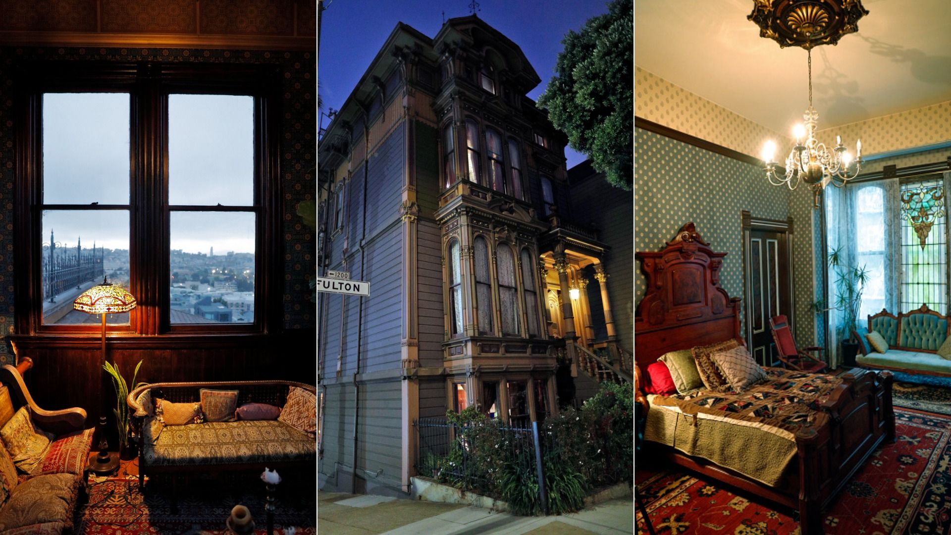 Three views of a Victorian house: dim living room with patterned sofas and lamp by window; exterior at dusk with intricate woodwork; bedroom with wooden bed, chandelier, and patterned wallpaper.