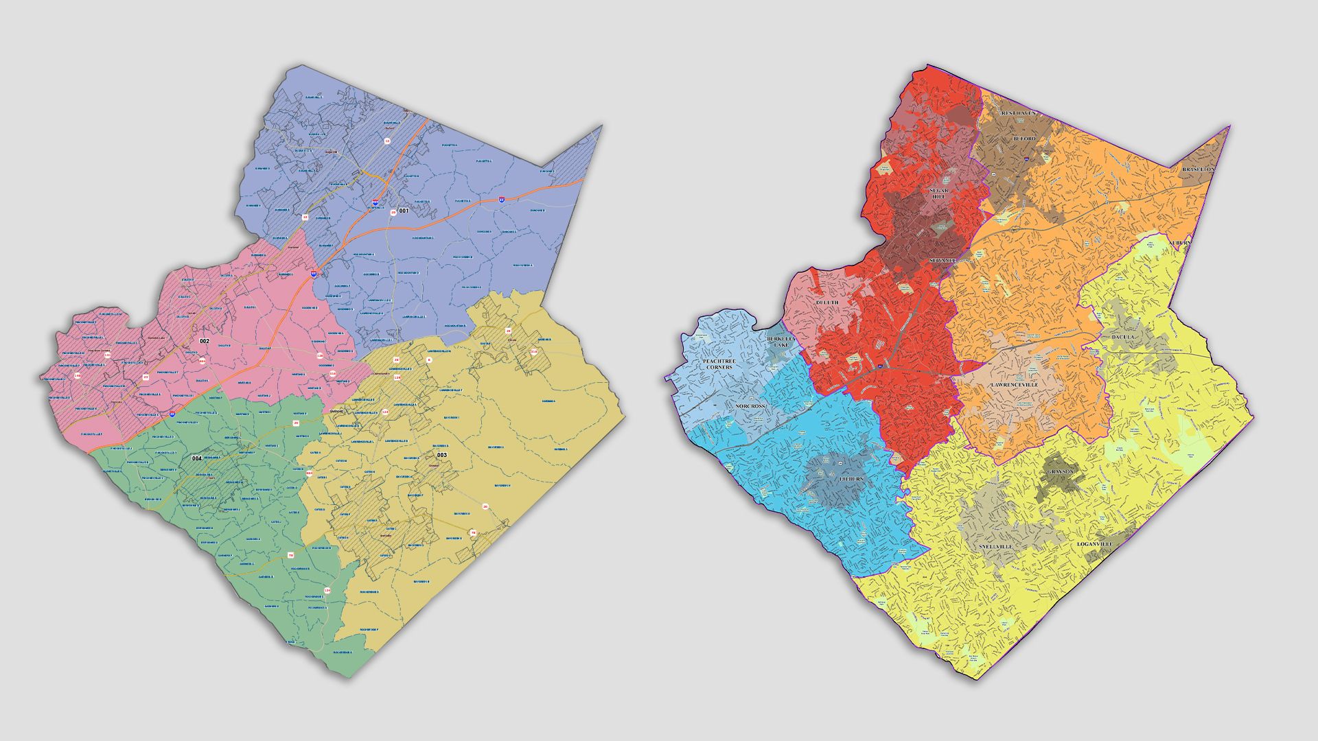 Two maps of Gwinnett county with different commission district lines
