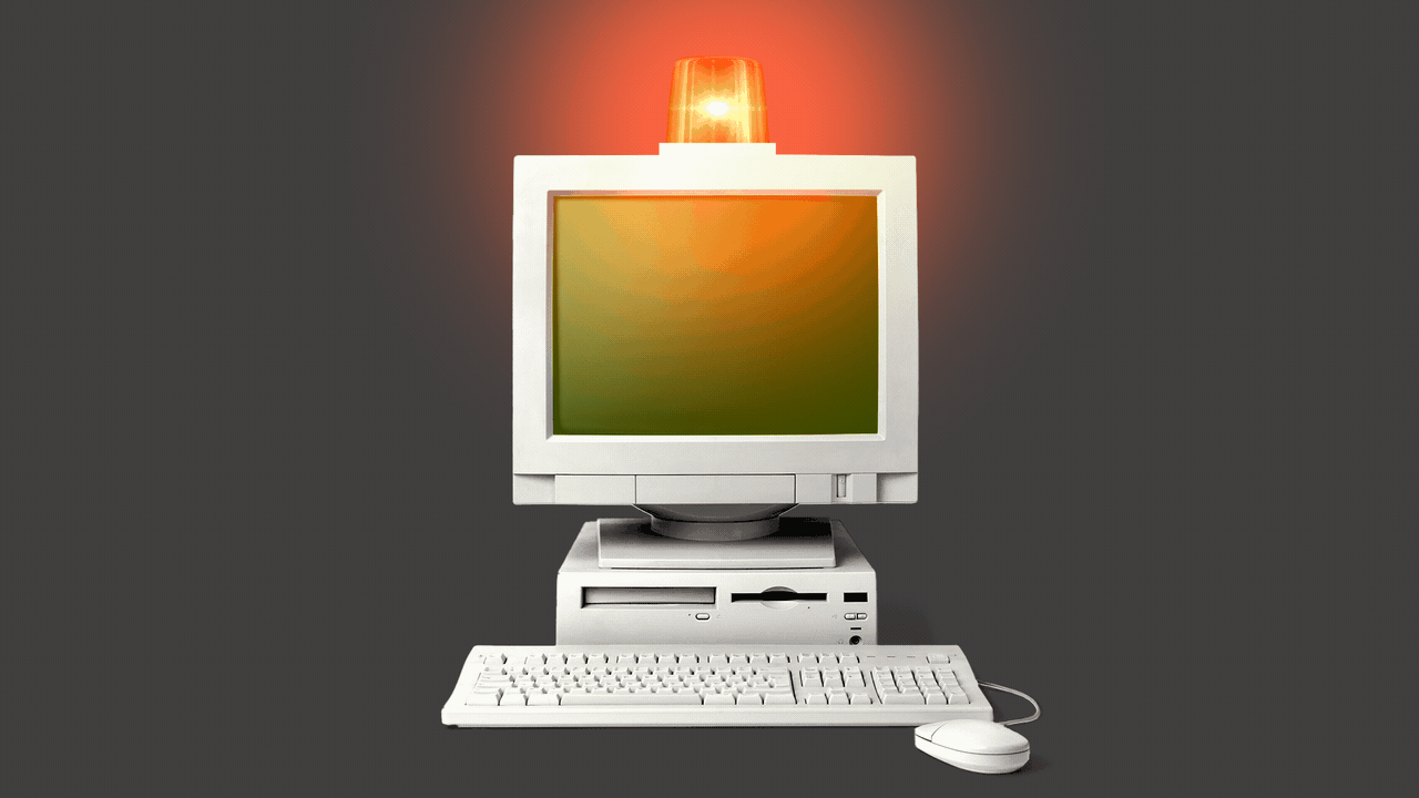 Animated illustration of a siren flashing on top of a computer.